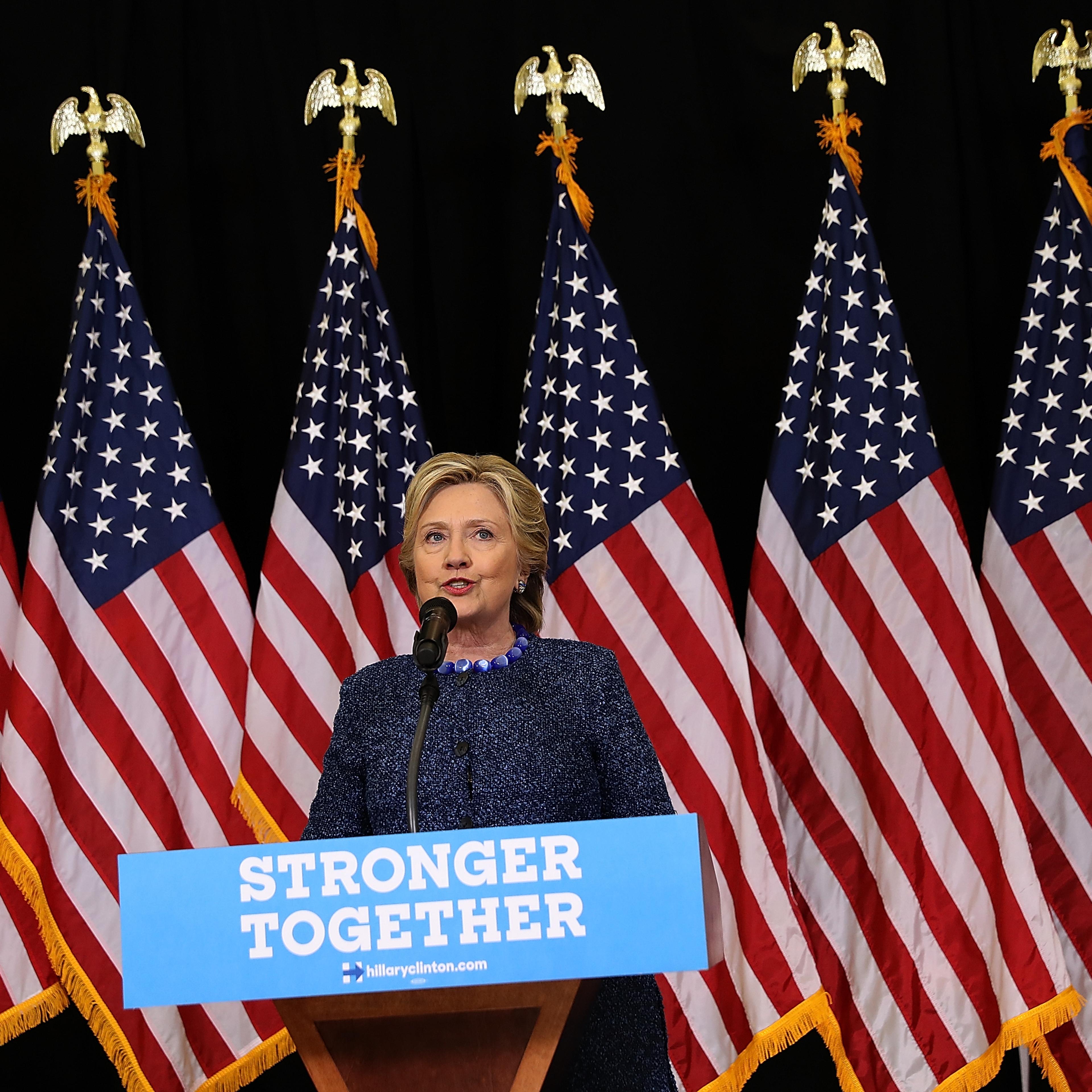 Democratic presidential nominee former Secretary of State Hillary Clinton speaks to reporters following a campaign rally at Roosevelt High School in Des Moines, Iowa, on Oct. 28, 2016.