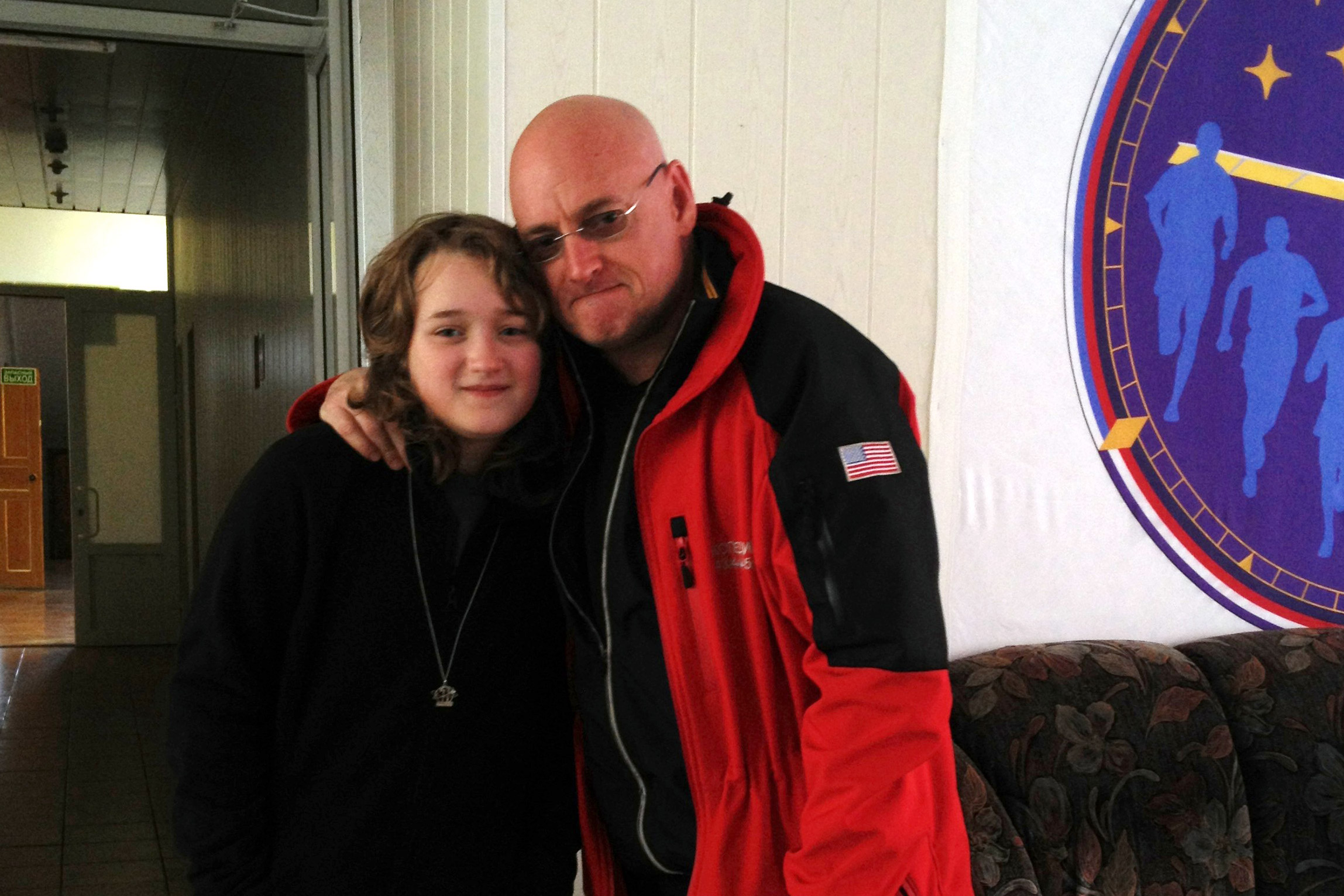 Charlotte and Scott pause to take a photo during their last visit, the morning of Scott's launch from the Baikonur Cosmodrome in Kazakhstan in March.