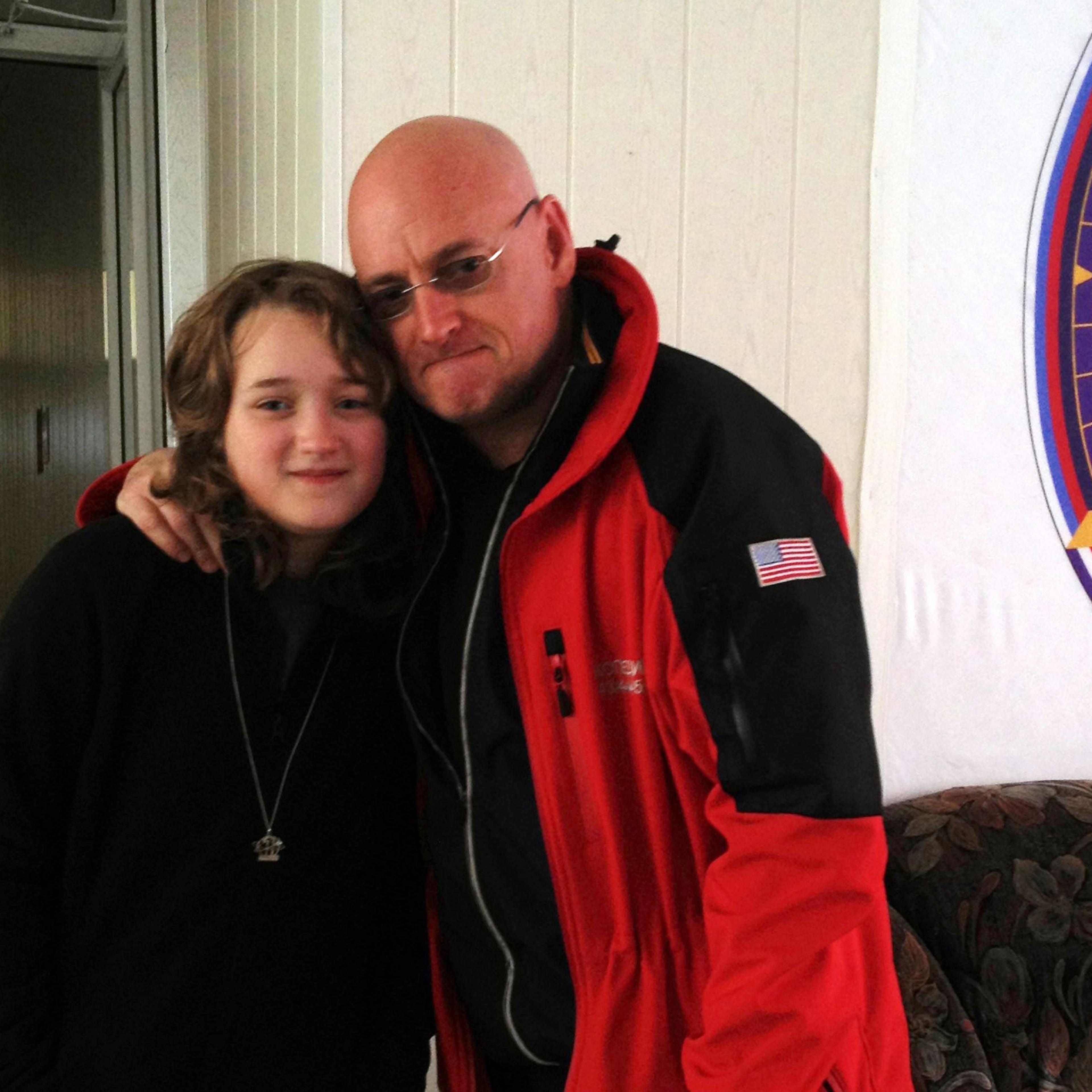 Charlotte and Scott pause to take a photo during their last visit, the morning of Scott's launch from the Baikonur Cosmodrome in Kazakhstan in March.