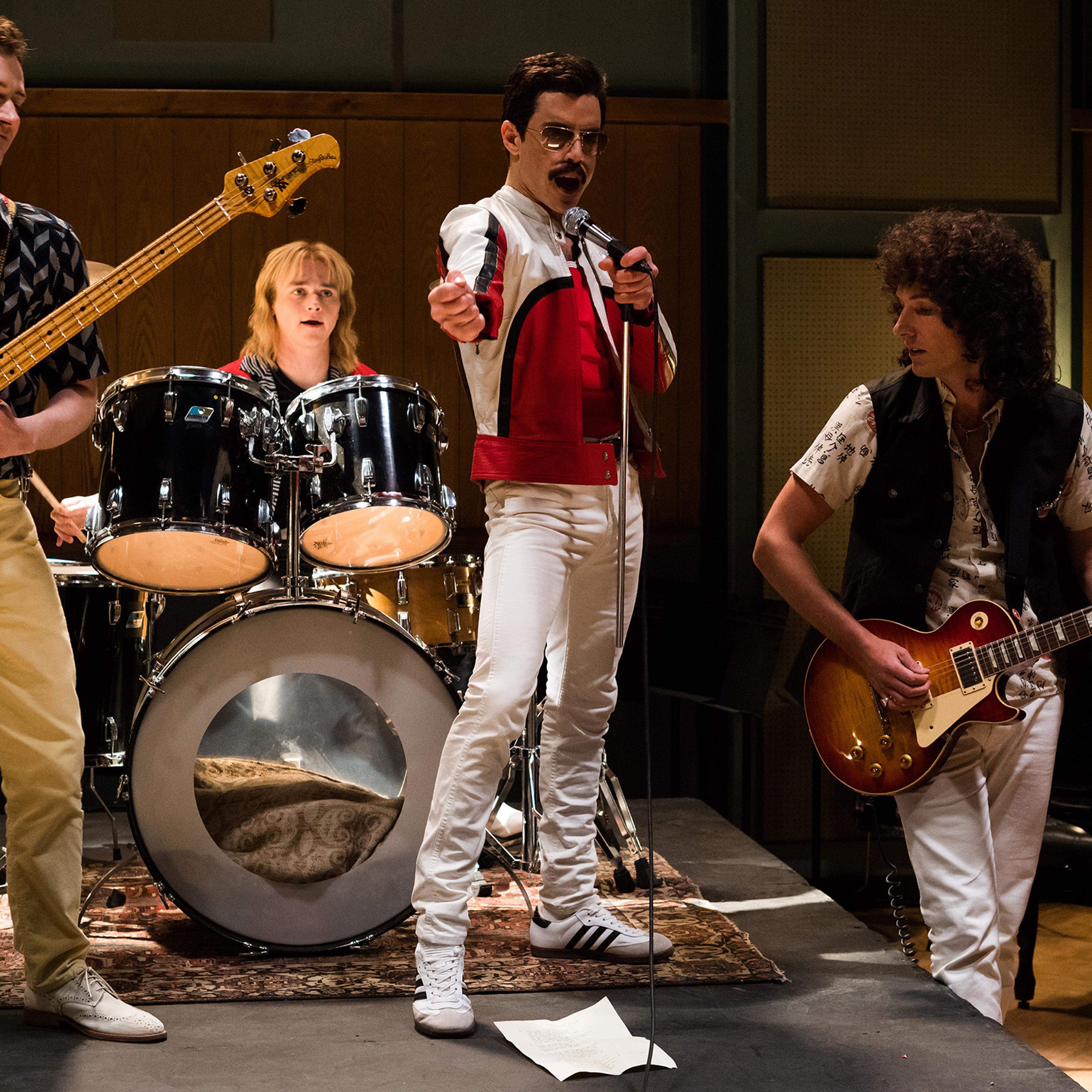 L-R: Joe Mazzello (John Deacon), Ben Hardy (Roger Taylor), Rami Malek (Freddie Mercury), and Gwilym Lee (Brian May) star in Twentieth Century Fox’s Bohemian Rhapsody