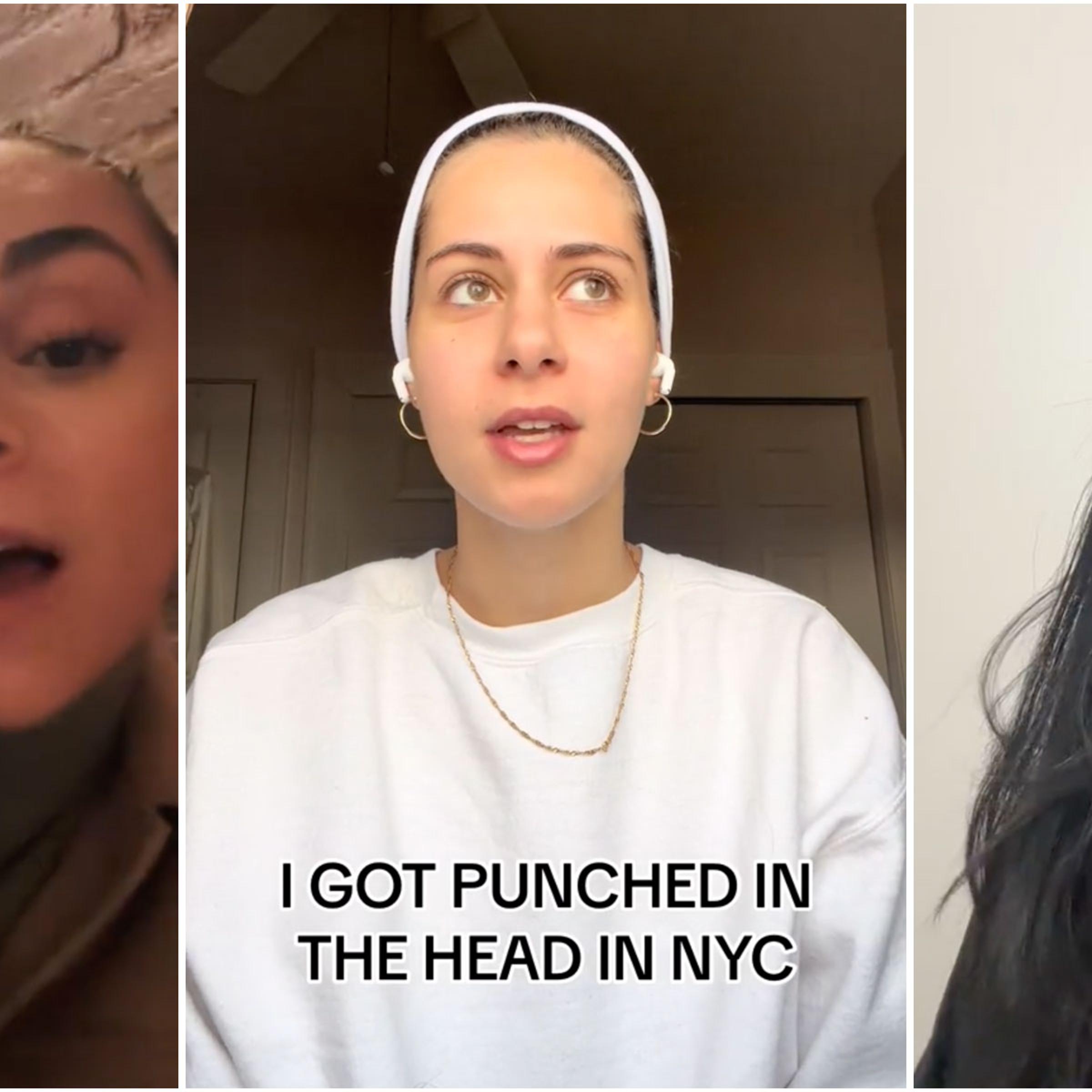 screenshots from three tiktoks showing women speaking about being punched in New York