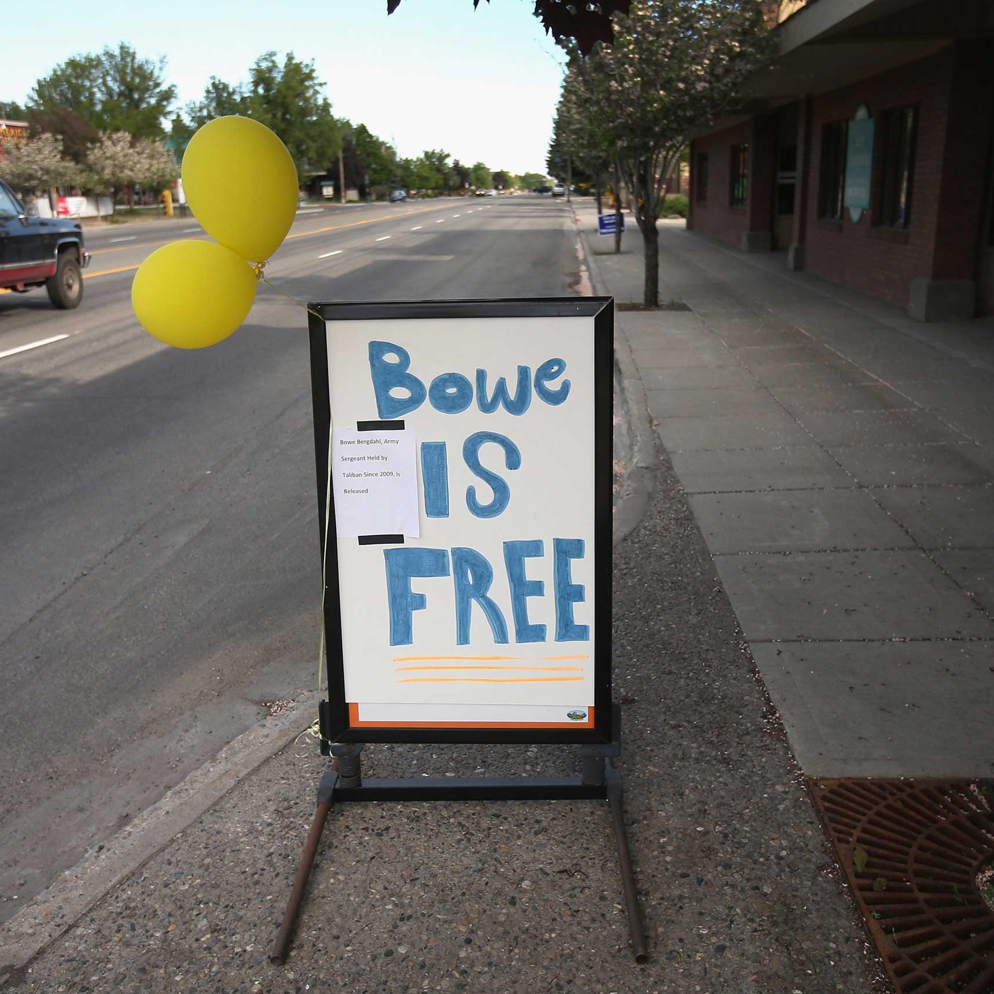A sign announcing the release of Sgt. Bowe Bergdahl on Main Street on June 1, 2014 in Hailey, Idaho.