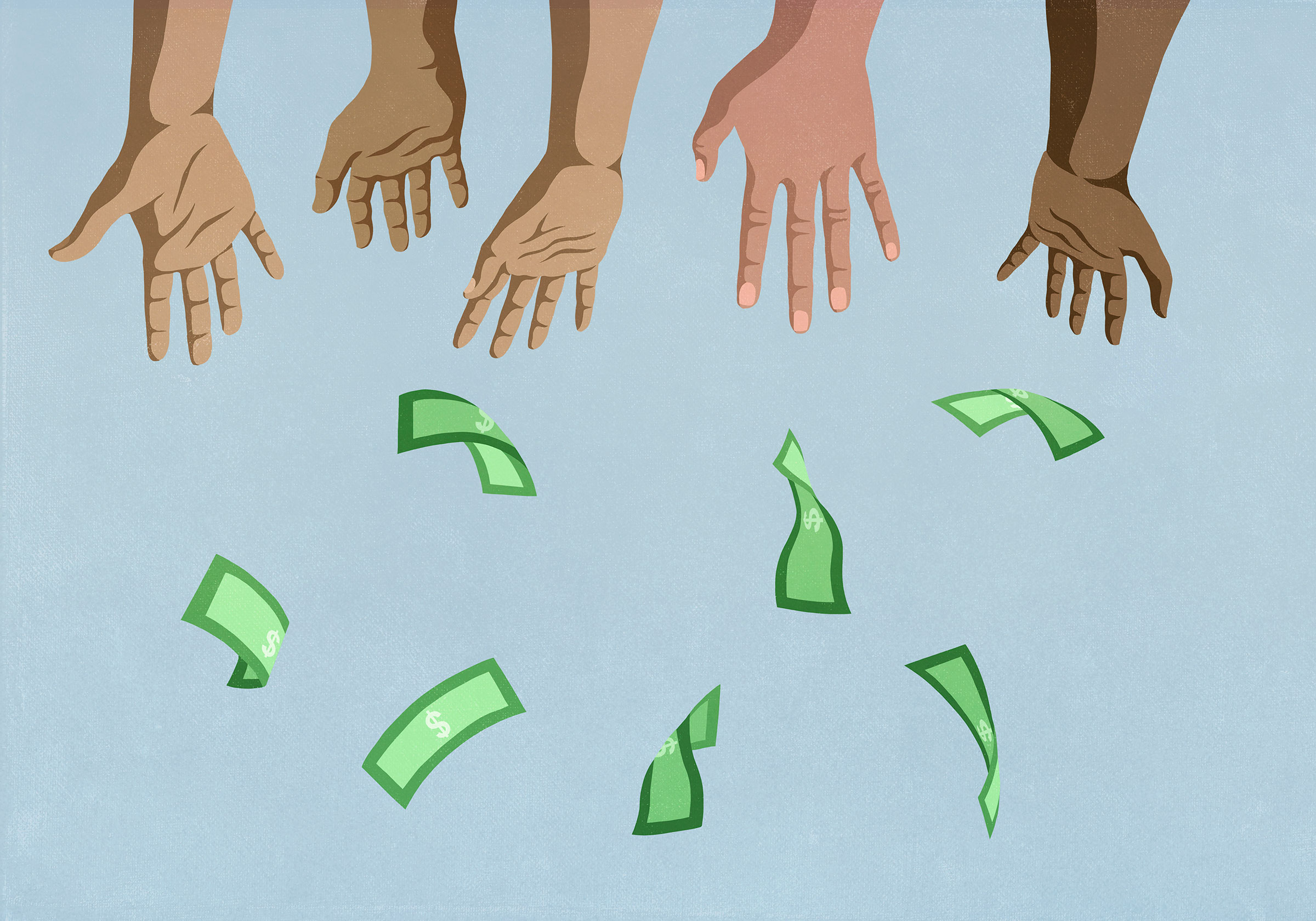 Hands reaching for falling money