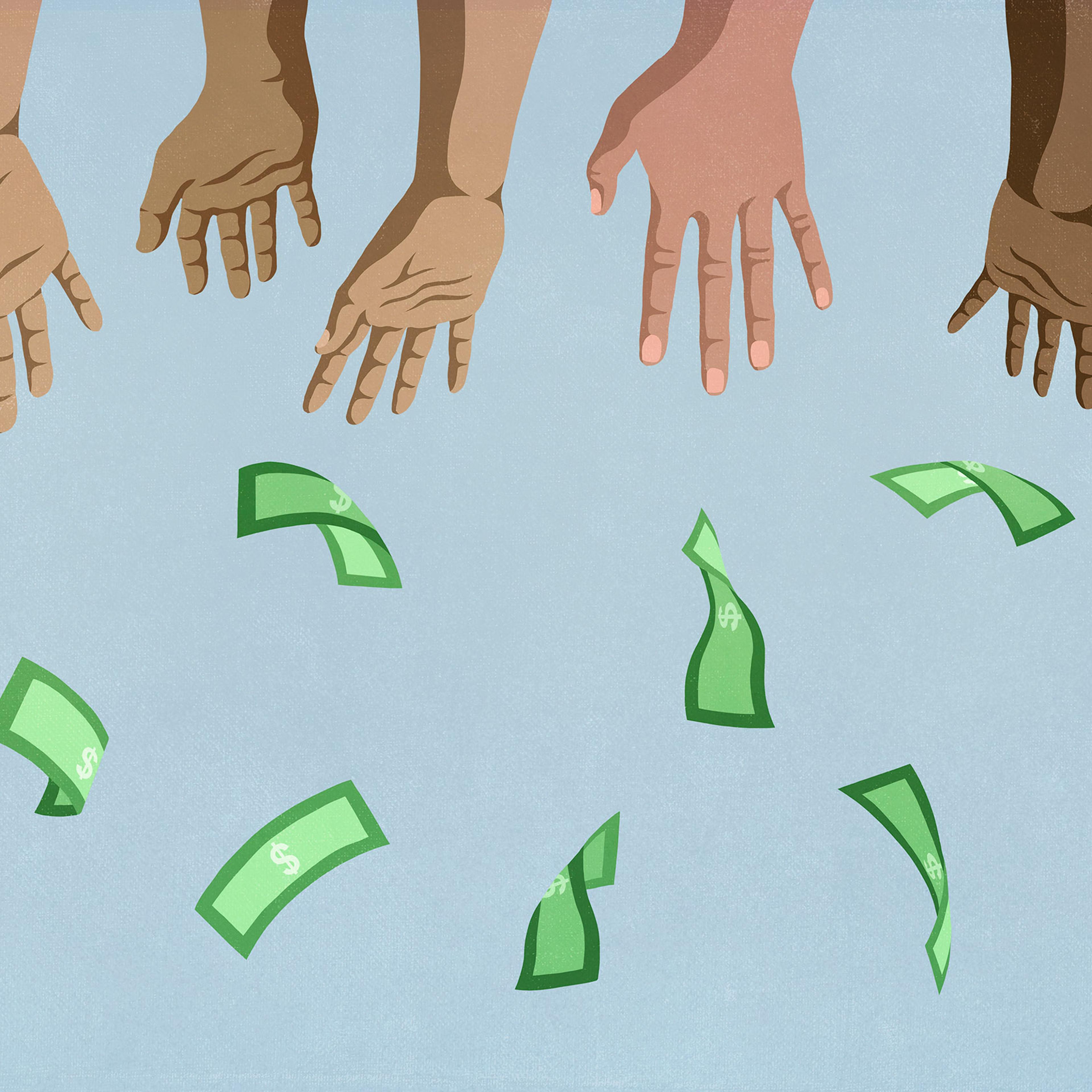 Hands reaching for falling money