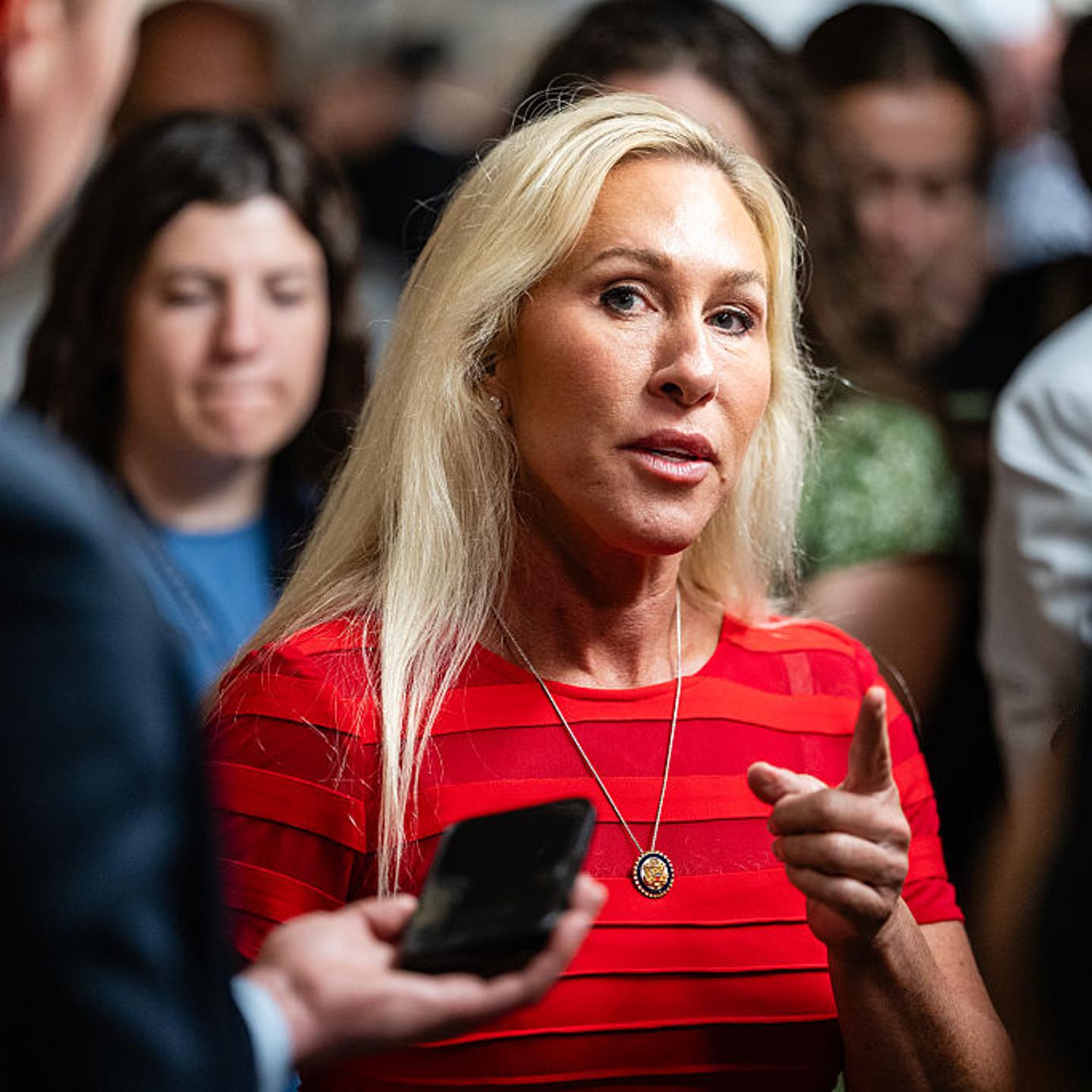 Representative Marjorie Taylor Greene, a Republican from Georgia, speaks to members of the media as she arrives for a House Republican caucus meeting at the U.S. Capitol in Washington, D.C., on July 22, 2025.