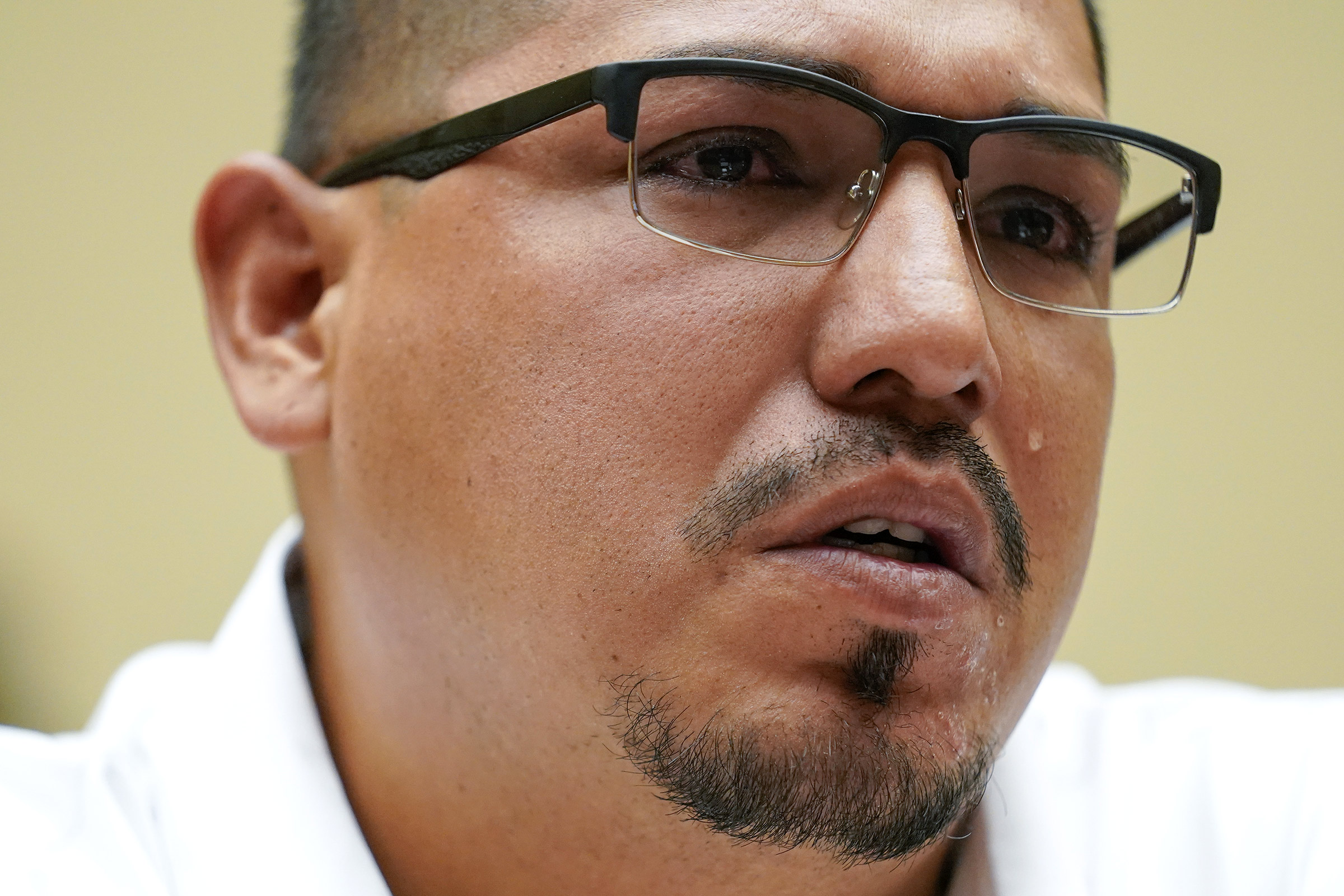 Miguel Cerrillo, father of Miah Cerrillo, a fourth-grade student at Robb Elementary School in Uvalde, Texas, tears up while testifying during a House Oversight and Reform Committee hearing