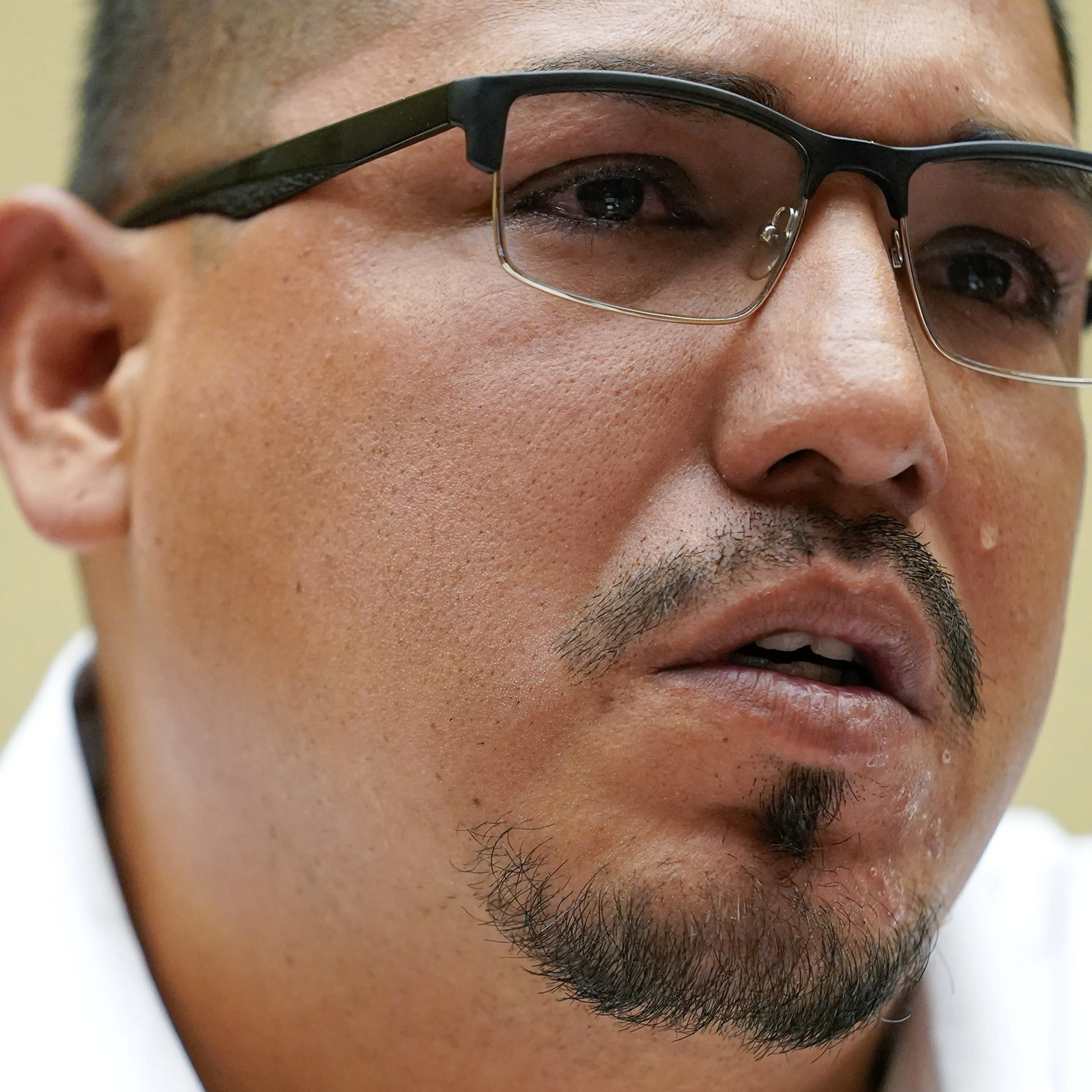 Miguel Cerrillo, father of Miah Cerrillo, a fourth-grade student at Robb Elementary School in Uvalde, Texas, tears up while testifying during a House Oversight and Reform Committee hearing