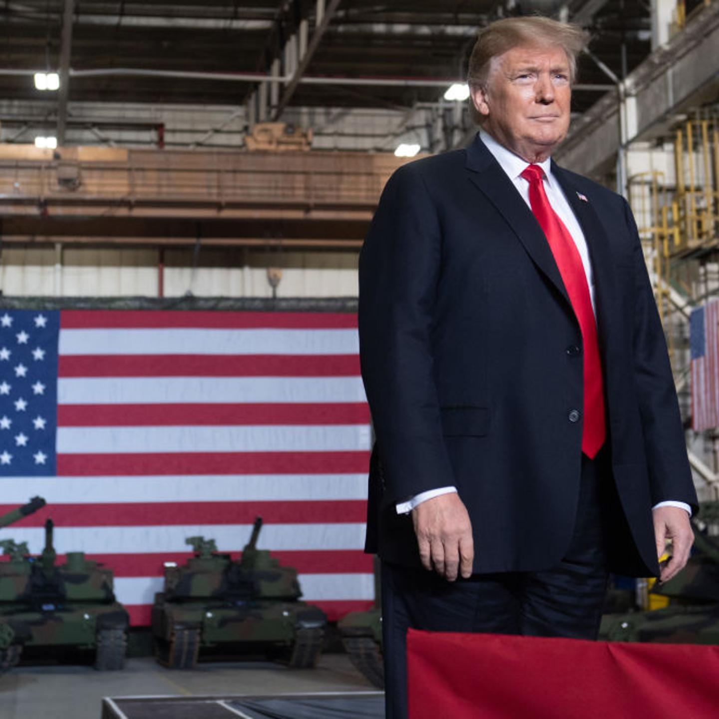US President Donald Trump arrives to speak after touring the Lima Army Tank Plant at Joint Systems Manufacturing in Lima, Ohio
