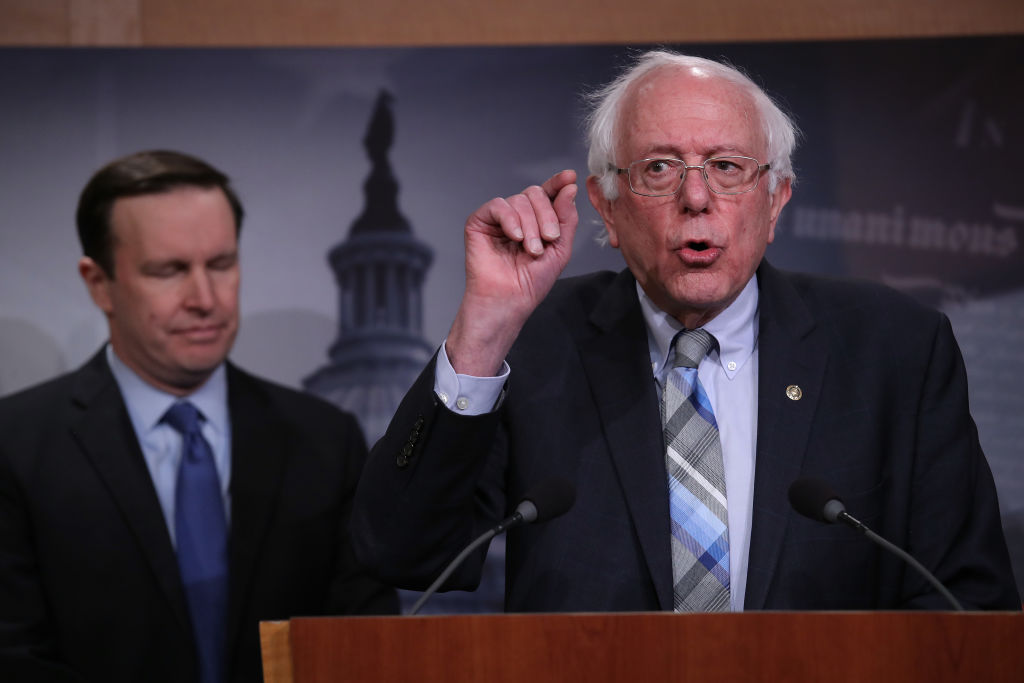 Sen. Bernie Sanders speaks during a press conference
