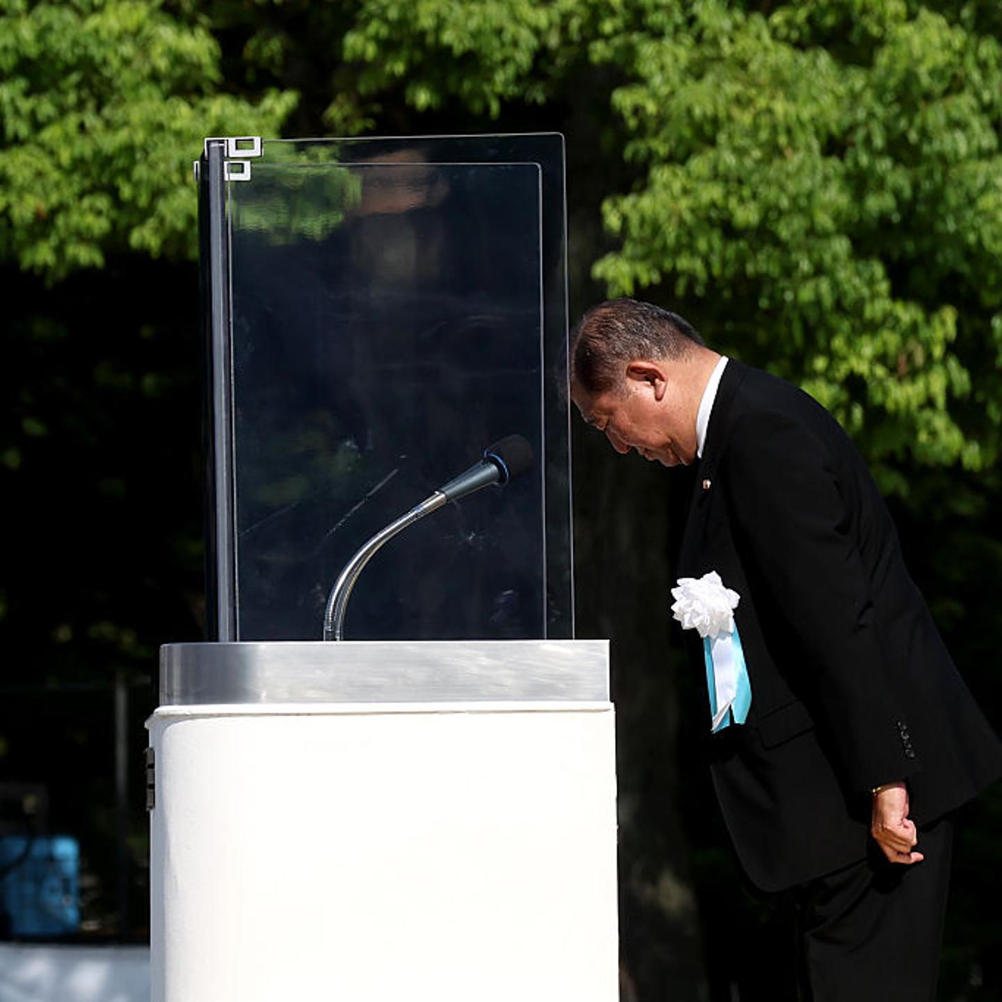 Japanese Prime Minister Shigeru Ishiba bows to the crowd after giving a speech during the 80th anniversary ceremony of the U.S. atomic bombing of Hiroshima at the Hiroshima Peace Memorial Park in Hiroshima, Japan, on August 6, 2025.
