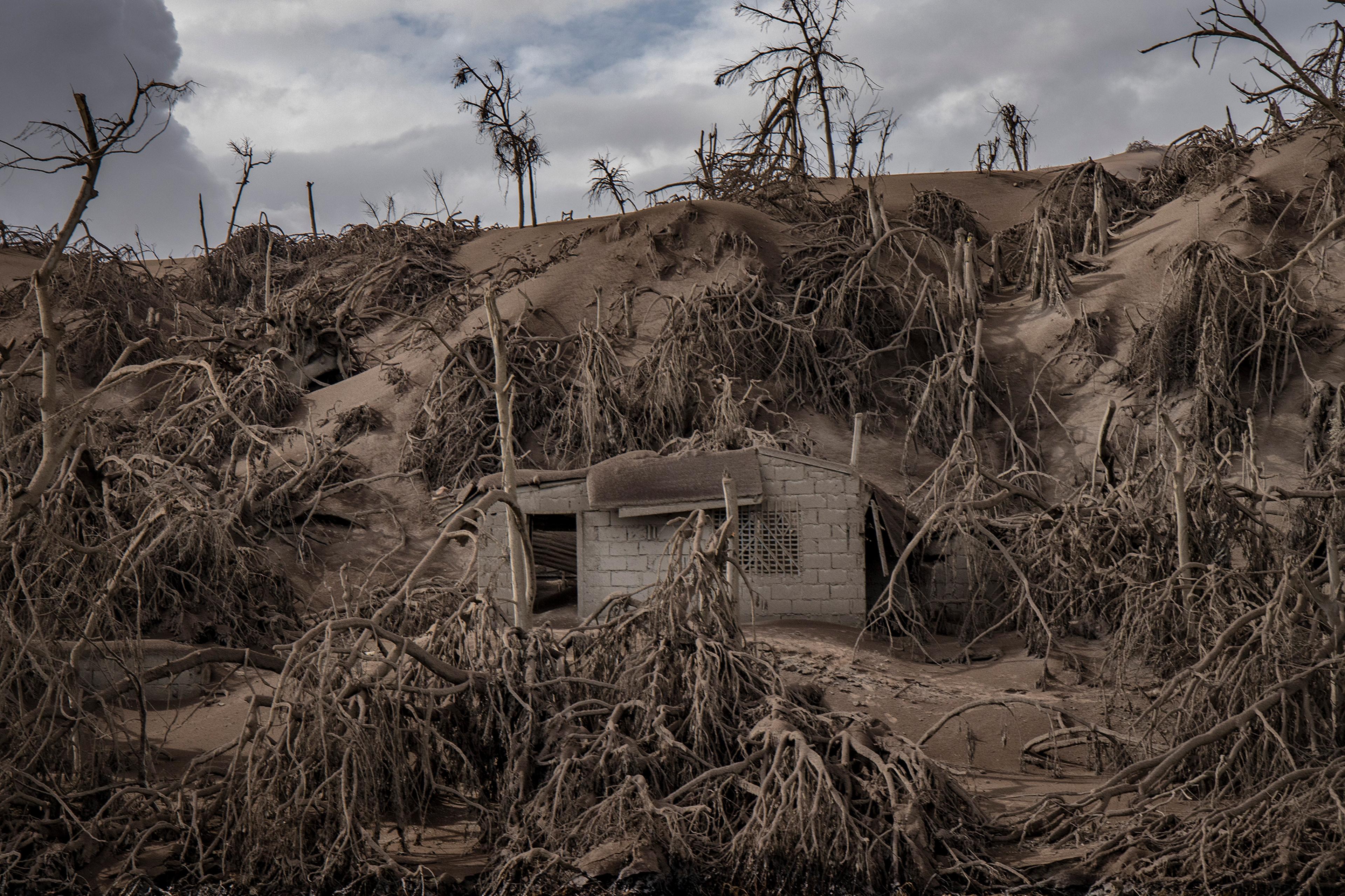 A house near the Taal volcano's crater is buried in ash on Jan. 14.