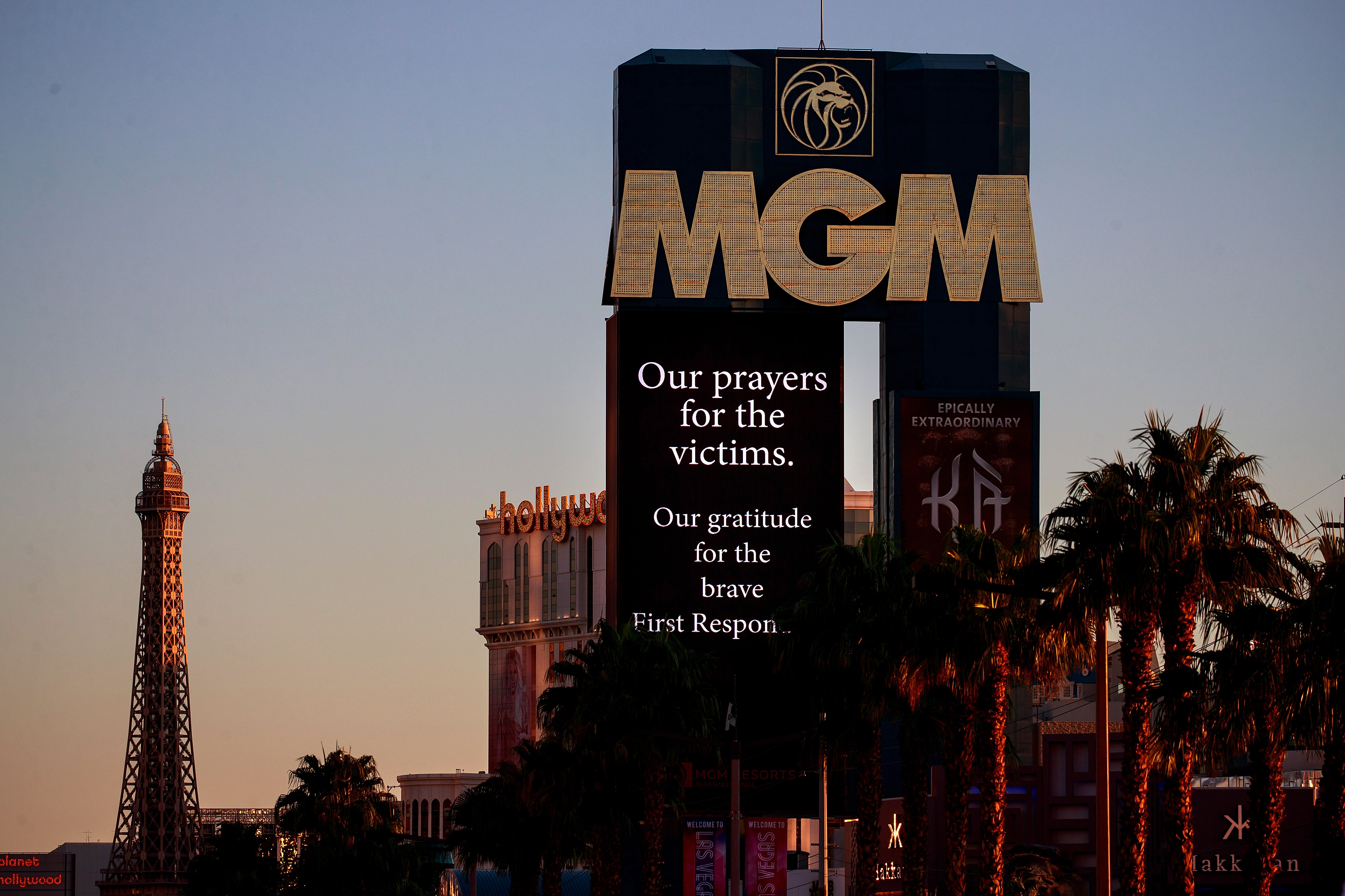 The MGM welcome sign features messages for the bereaved and victims of the mass shooting