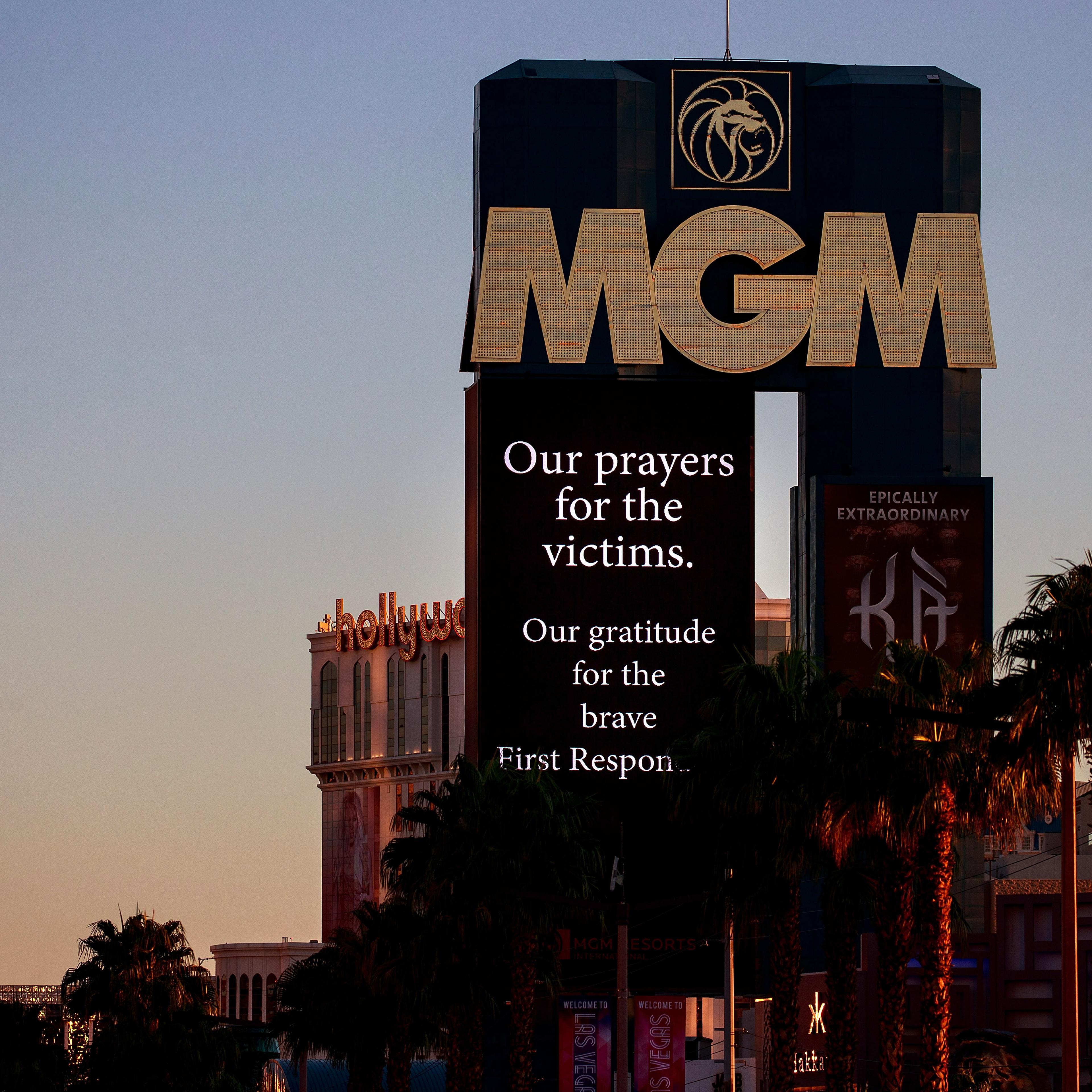 The MGM welcome sign features messages for the bereaved and victims of the mass shooting