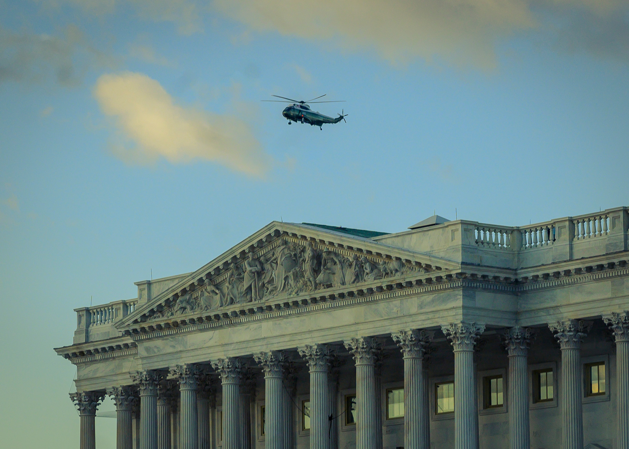 Marine One carrying Donald Trump departs the White House ahead of President Biden's inauguration in Washington on Jan. 20, 2021.