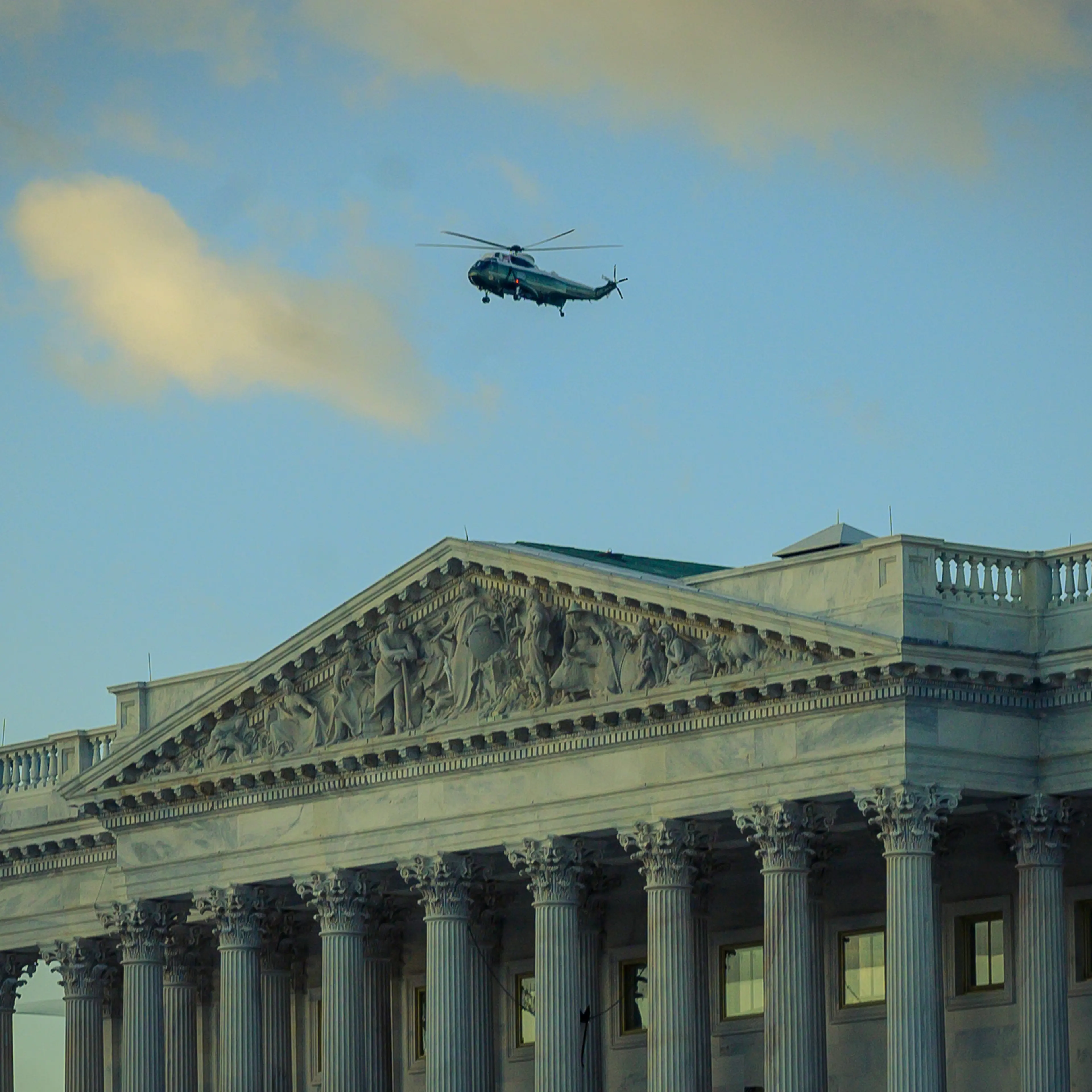 Marine One carrying Donald Trump departs the White House ahead of President Biden's inauguration in Washington on Jan. 20, 2021.