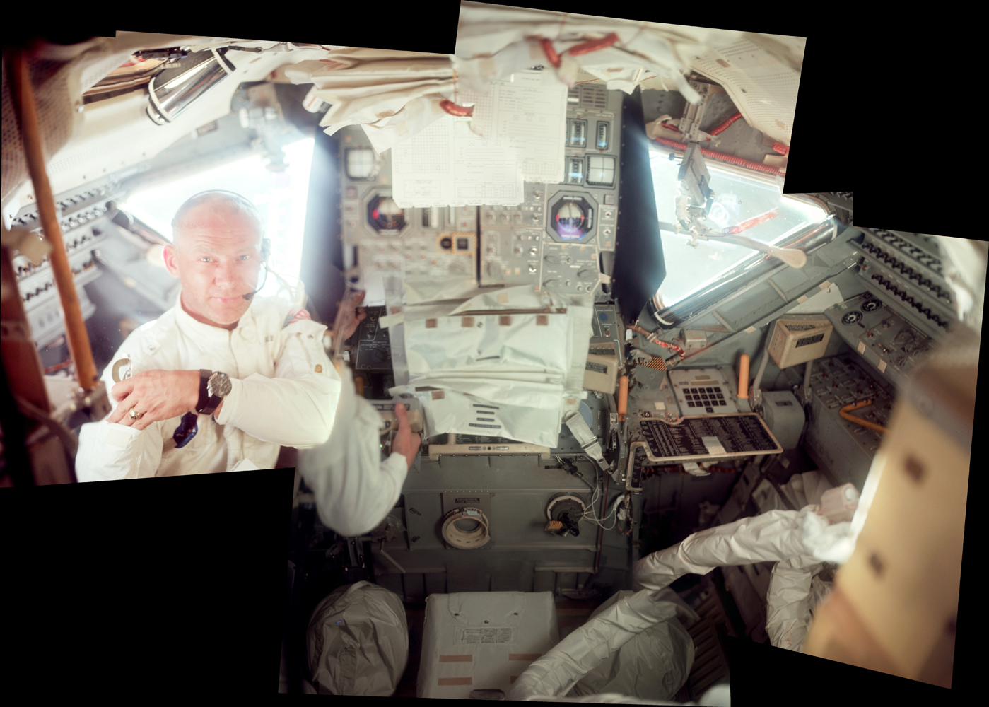 Buzz Aldrin during the initial inspection of the Lunar Module (LM) at about 055:41.