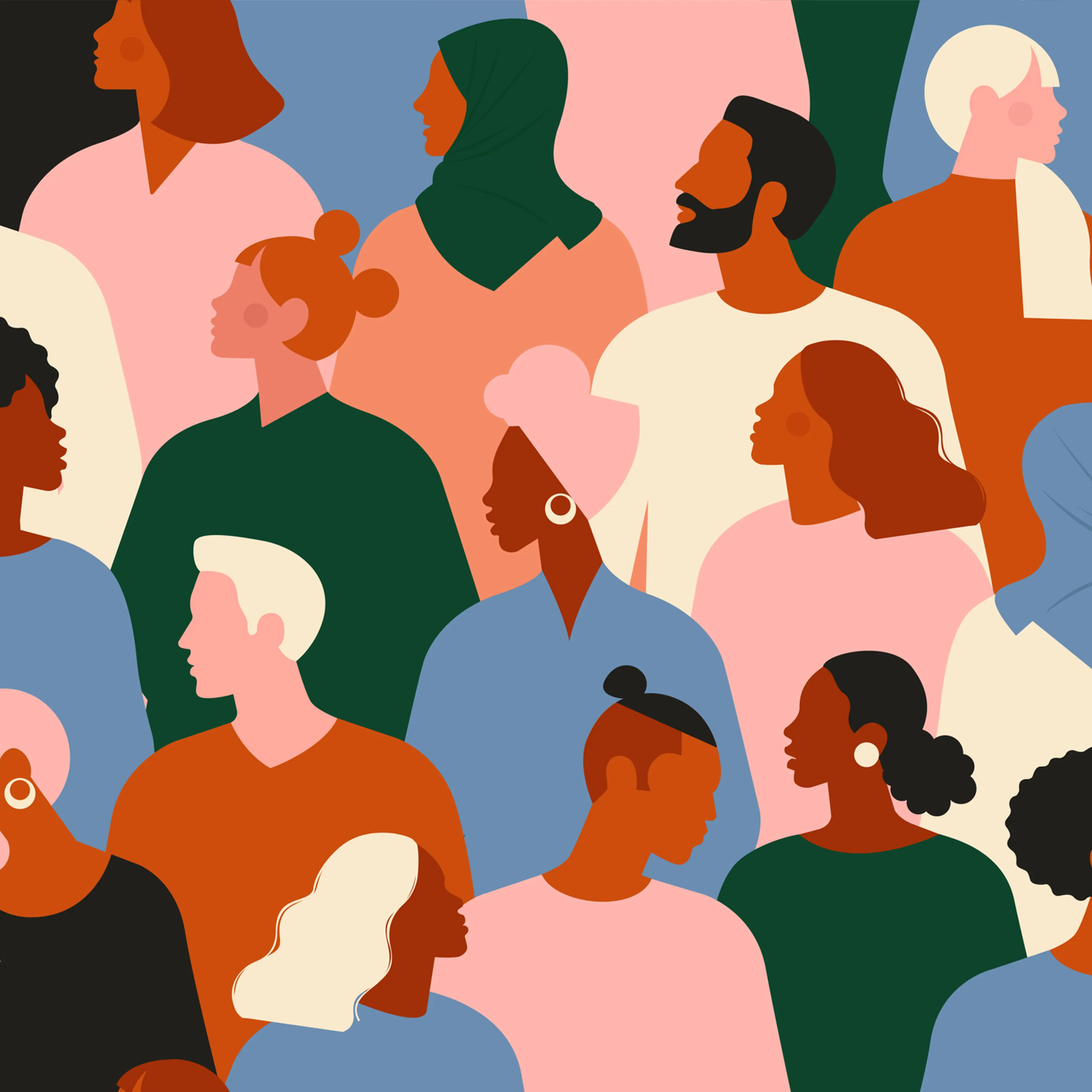 Crowd of young and elderly men and women in trendy hipster clothes. Diverse group of stylish people standing together. Society or population, social diversity. Flat cartoon vector illustration.