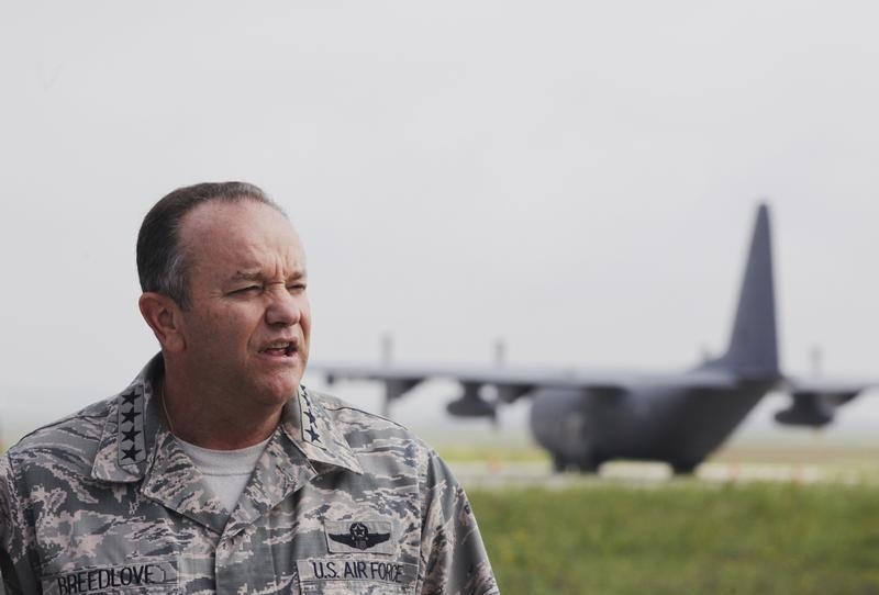 NATO's top military chief, General Breedlove, attends a news conference at Pristina Military Airport