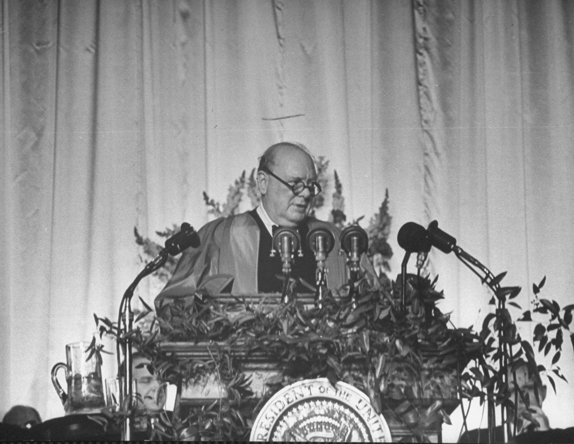 British Prime Minister Winston Churchill delivering the speech that popularized the term 'special relationship' at Westminster College in Fulton, Missouri, where he received an honorary degree on Mar. 5, 1946. 