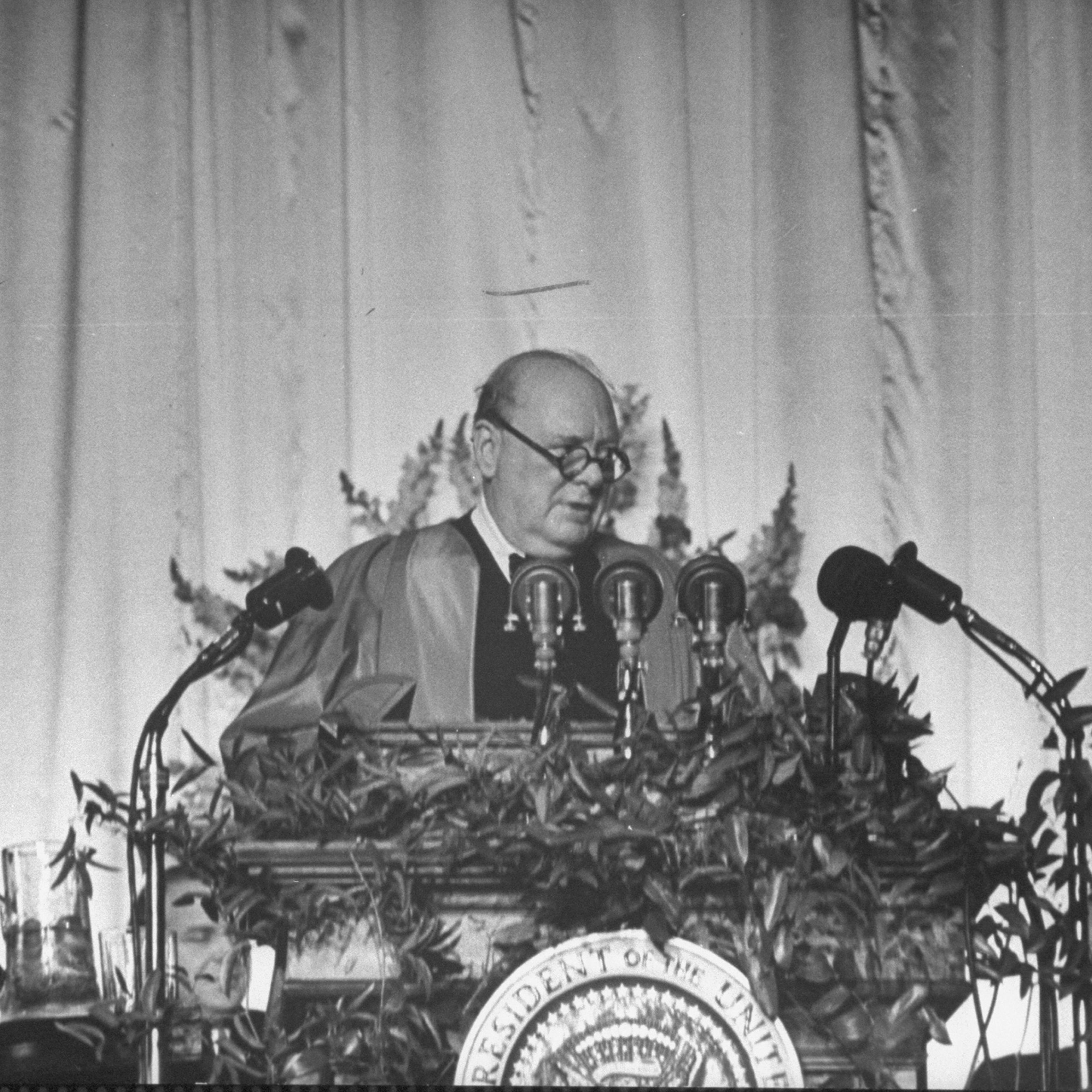 British Prime Minister Winston Churchill delivering the speech that popularized the term 'special relationship' at Westminster College in Fulton, Missouri, where he received an honorary degree on Mar. 5, 1946.