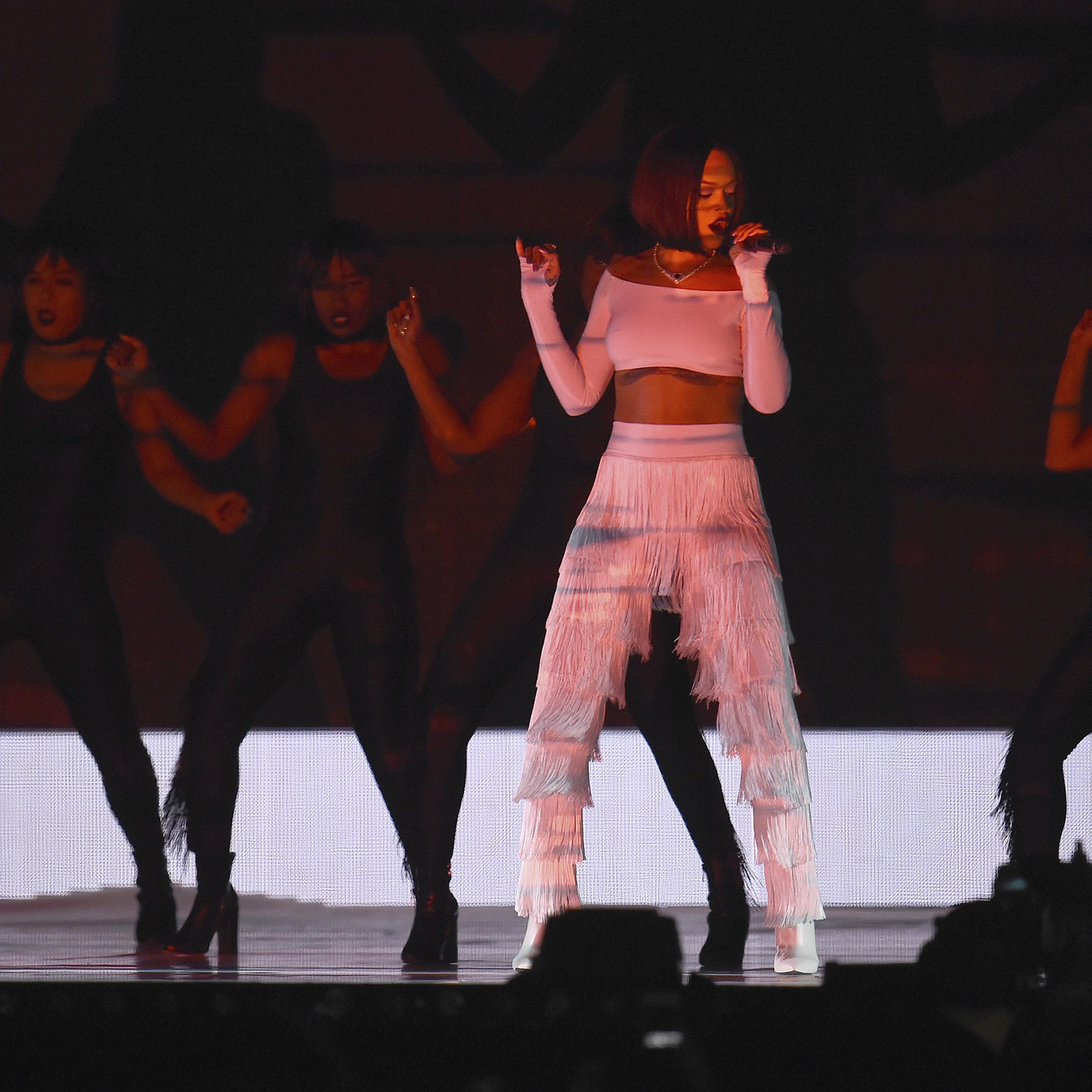 Rihanna performs onstage at the BRIT Awards at The O2 Arena in London, Feb. 24, 2016.