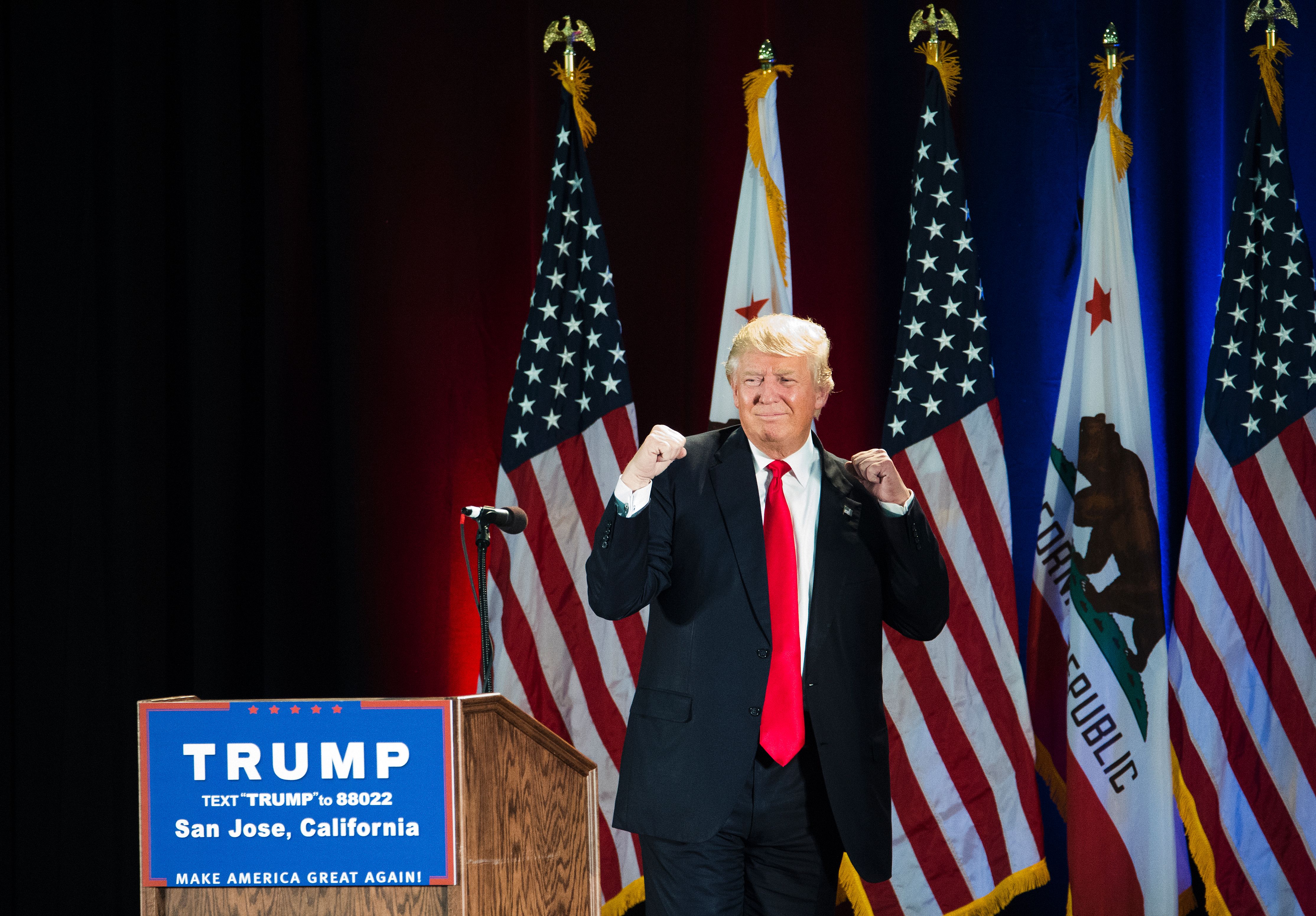 Republican presidential candidate Donald Trump gestures during a rally at the San Jose Convention Center in San Jose, Calif. on June 2, 2016.