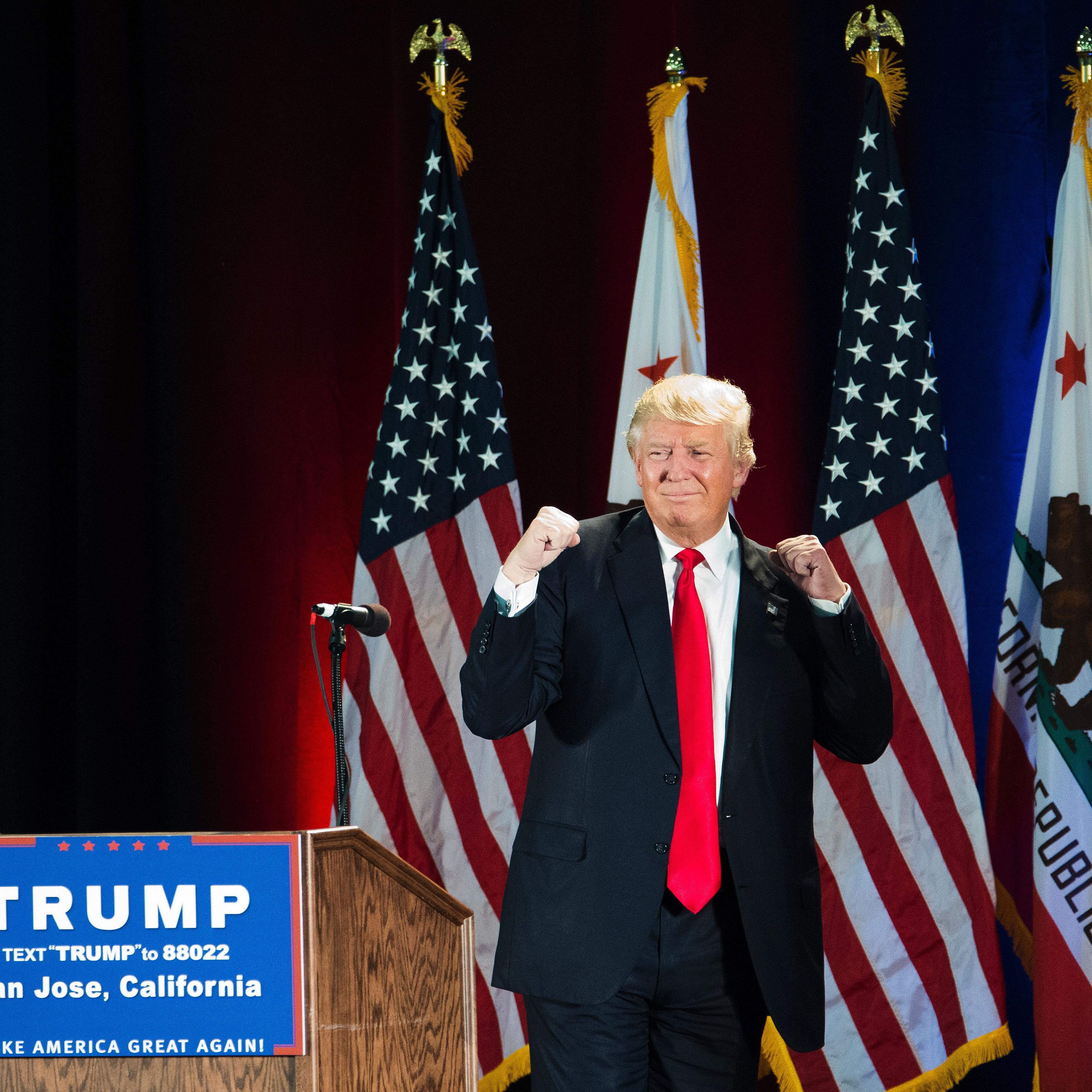 Republican presidential candidate Donald Trump gestures during a rally at the San Jose Convention Center in San Jose, Calif. on June 2, 2016.
