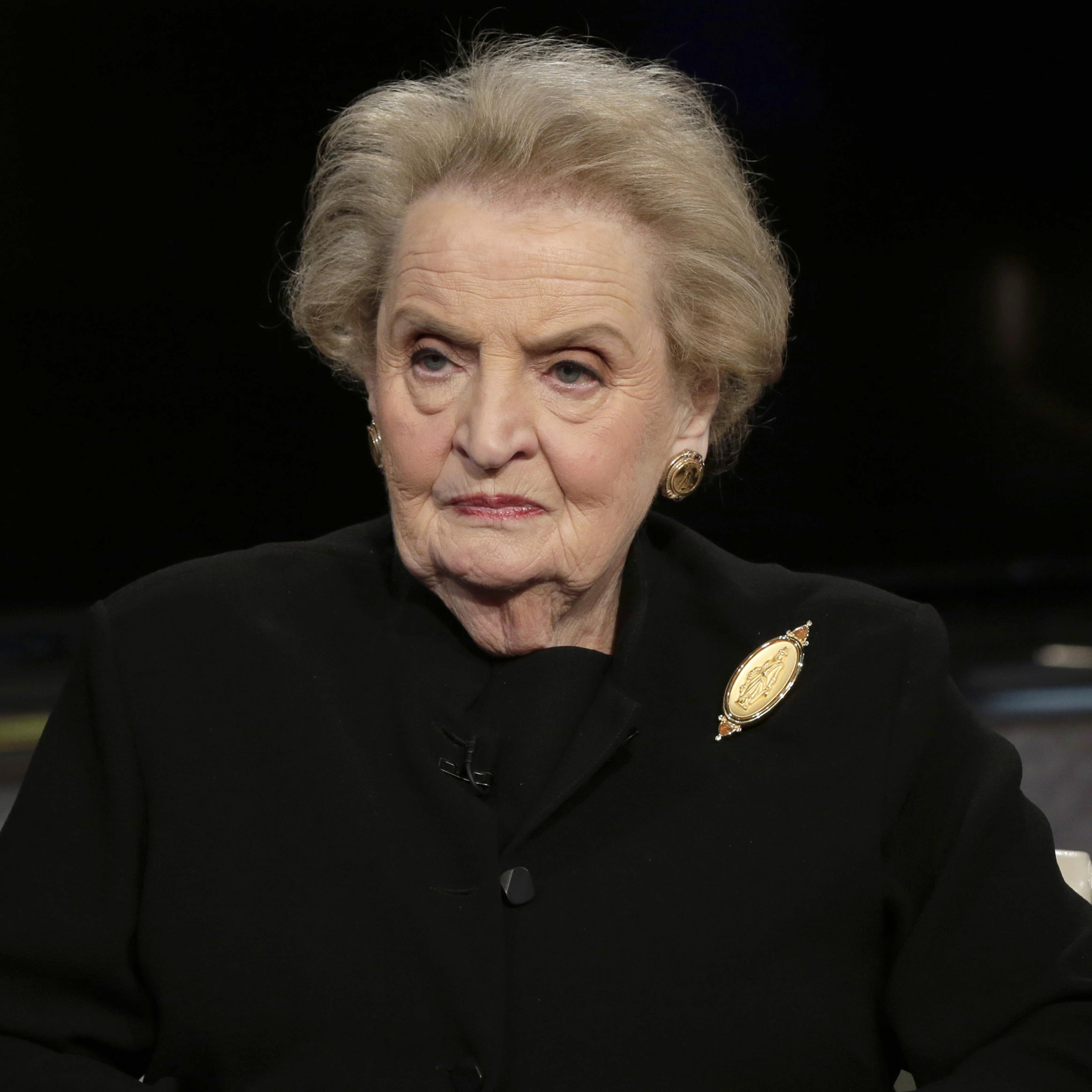 Former U.S. Secretary of State Madeleine Albright is interviewed by Maria Bartiromo on her "Mornings with Maria" program on the Fox Business Network, in New York Wednesday, March 2, 2016. (AP Photo/Richard Drew)
