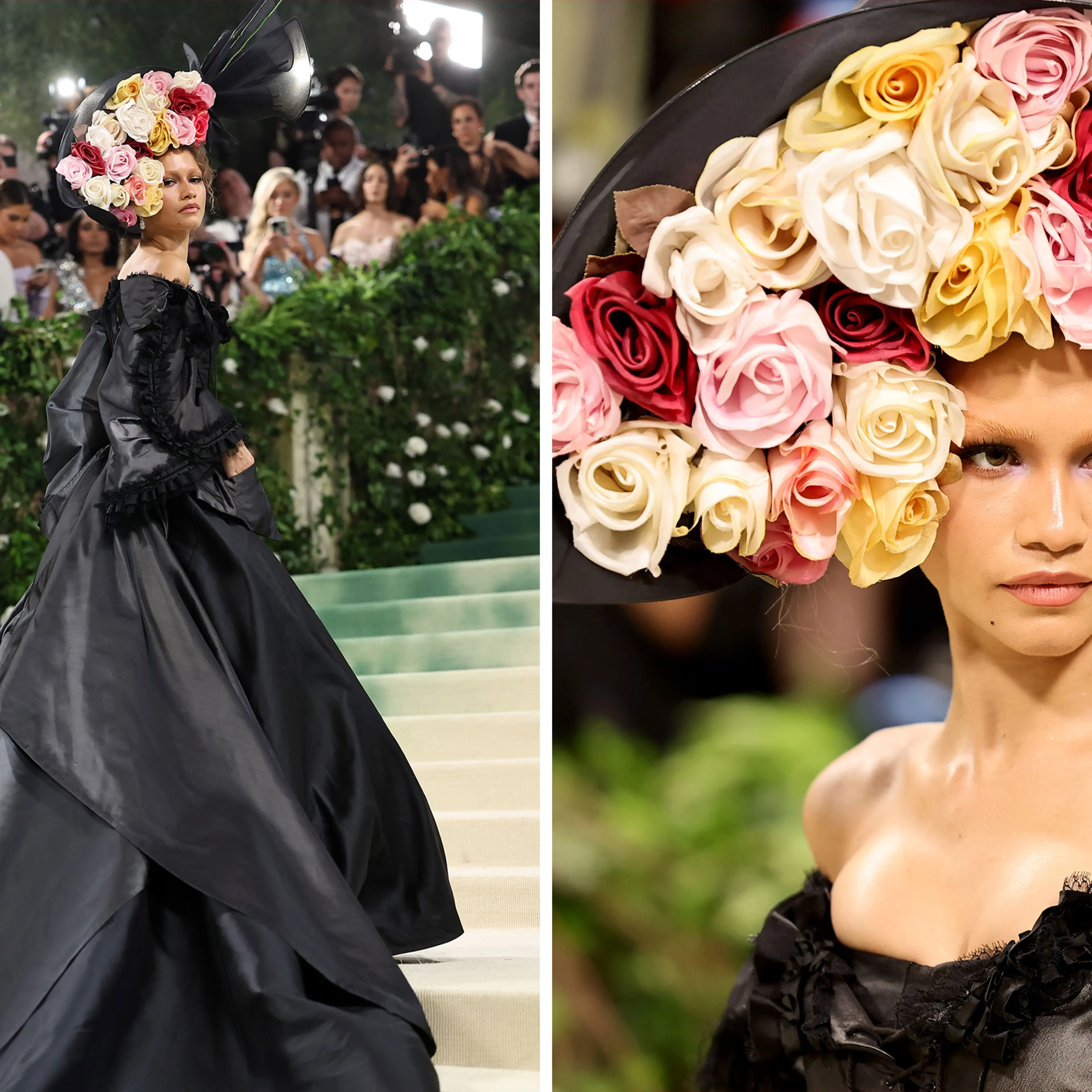 Zendaya attends the met Gala wearing a long black dress and a headpiece made of roses
