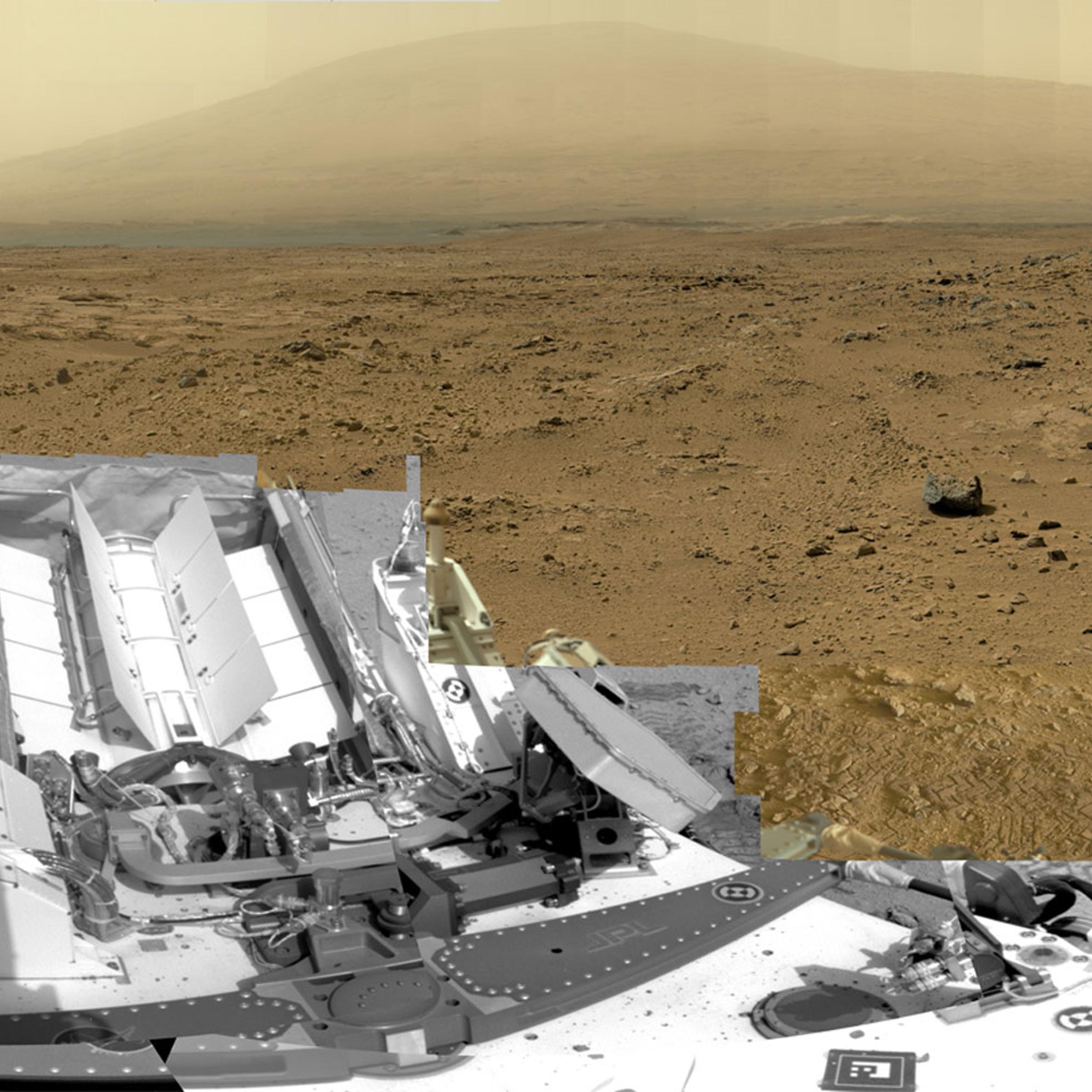 A full-circle view released by NASA on June 20, 2013, combined nearly 900 images taken by NASA's Curiosity Mars rover, generating a panorama with 1.3 billion pixels in the full-resolution version. The view is centered toward the south, with north at both