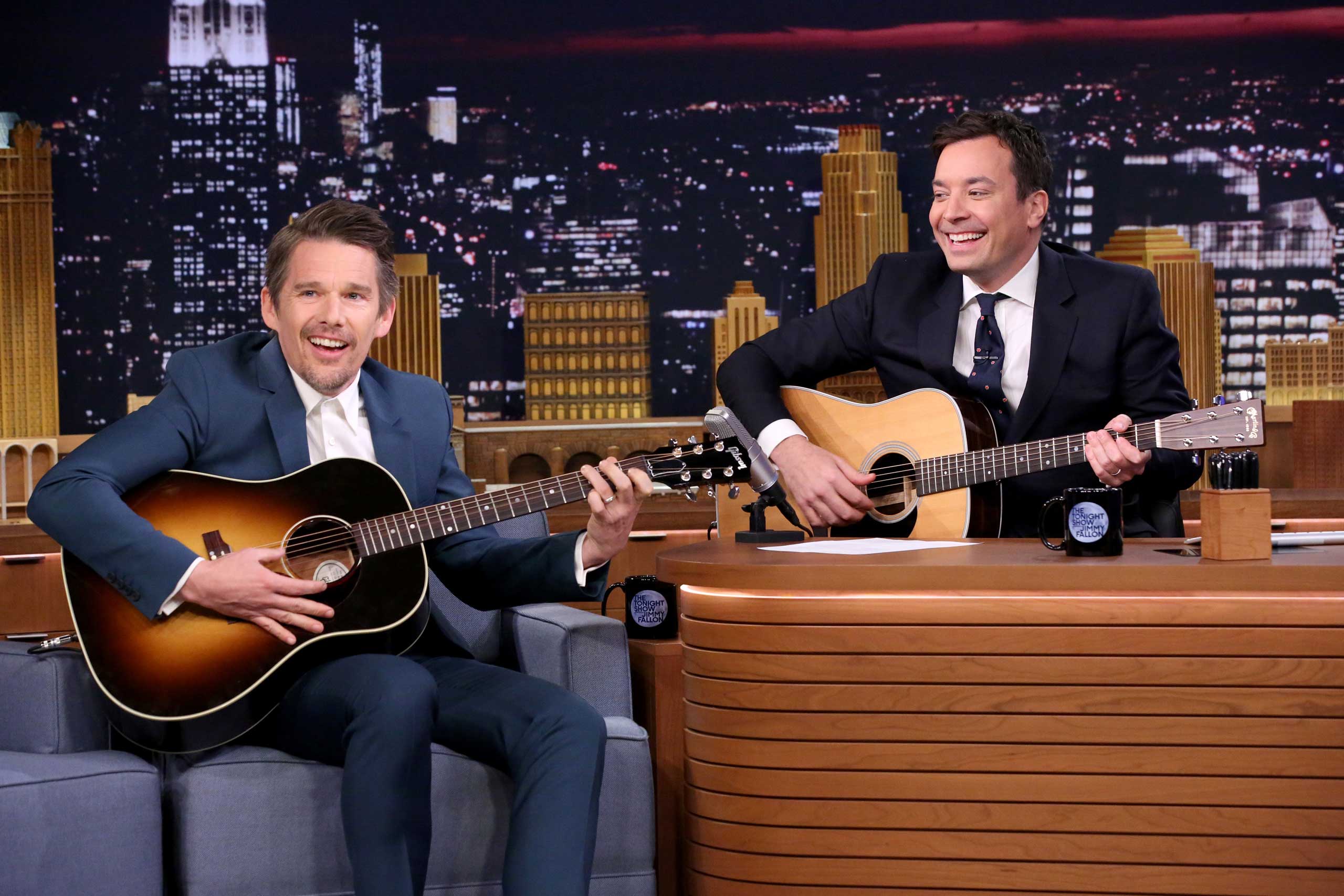 Actor Ethan Hawke during an interview with host Jimmy Fallon on The Tonight Show, March 31, 2015.