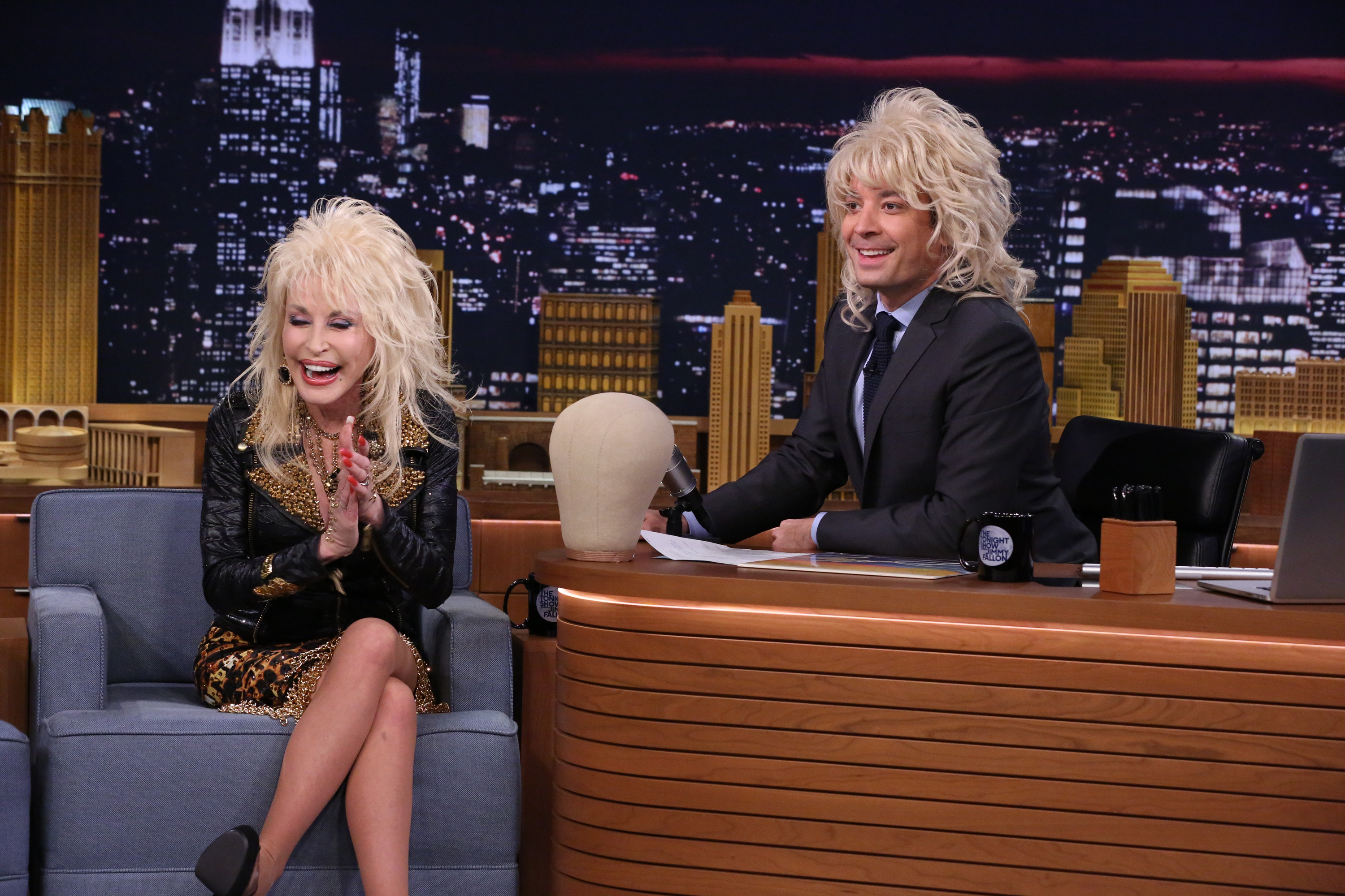 From left: Dolly Parton during an interview with host Jimmy Fallon on May 13, 2014 on the Tonight Show.