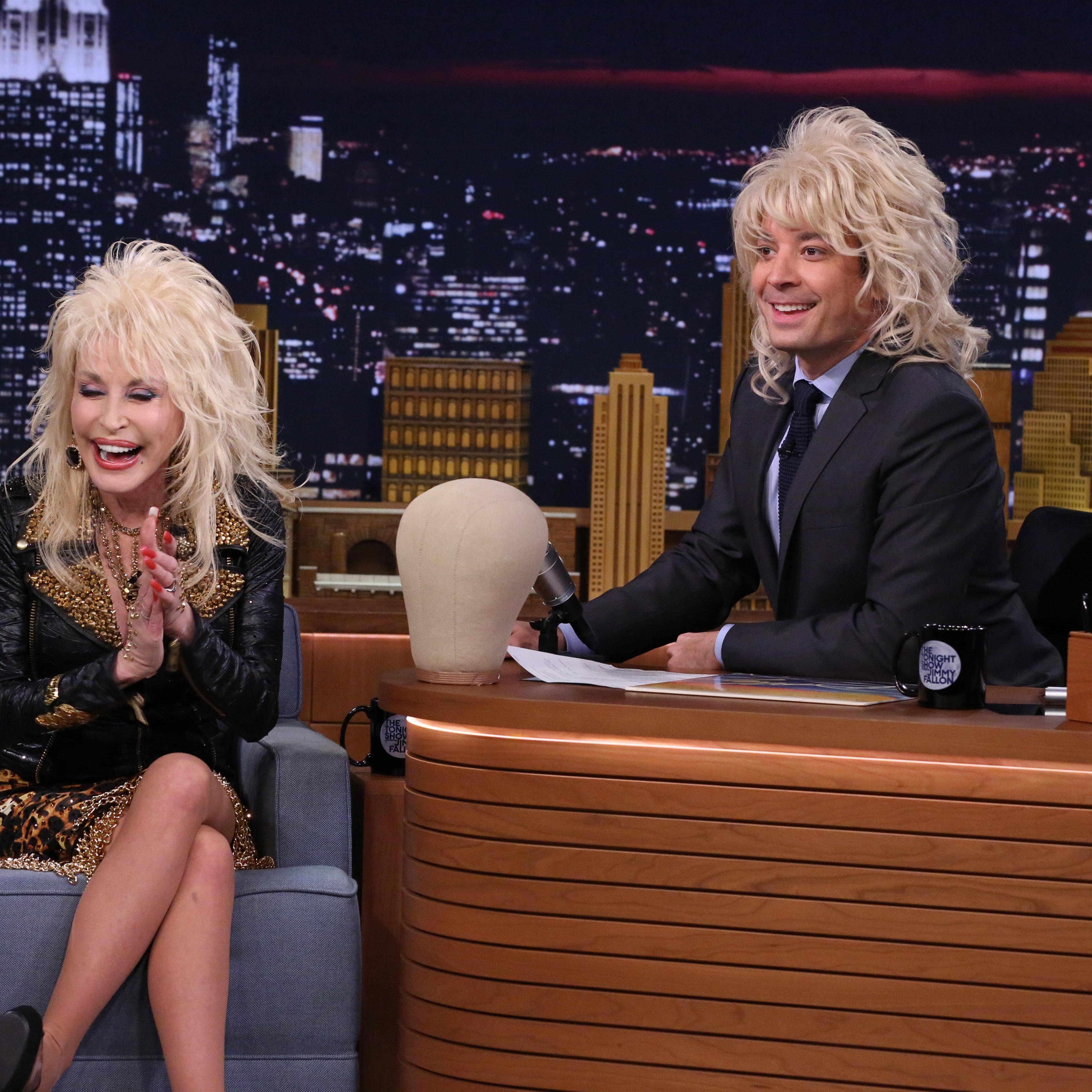 From left: Dolly Parton during an interview with host Jimmy Fallon on May 13, 2014 on the Tonight Show.