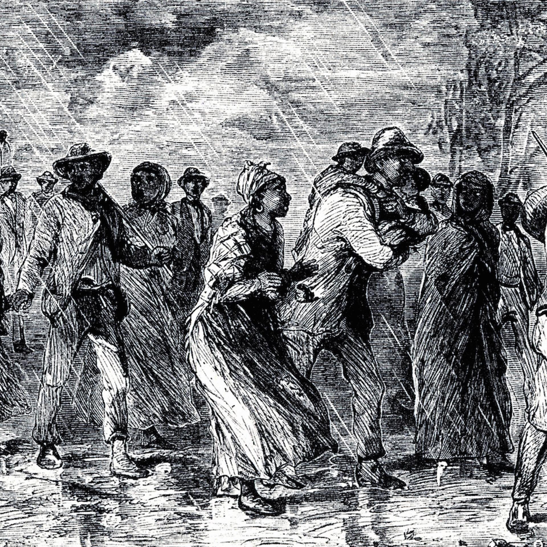 Fugitive slaves fleeing from Maryland to Delaware by way of the 'Underground Railroad', 1850-1851. Engraving.