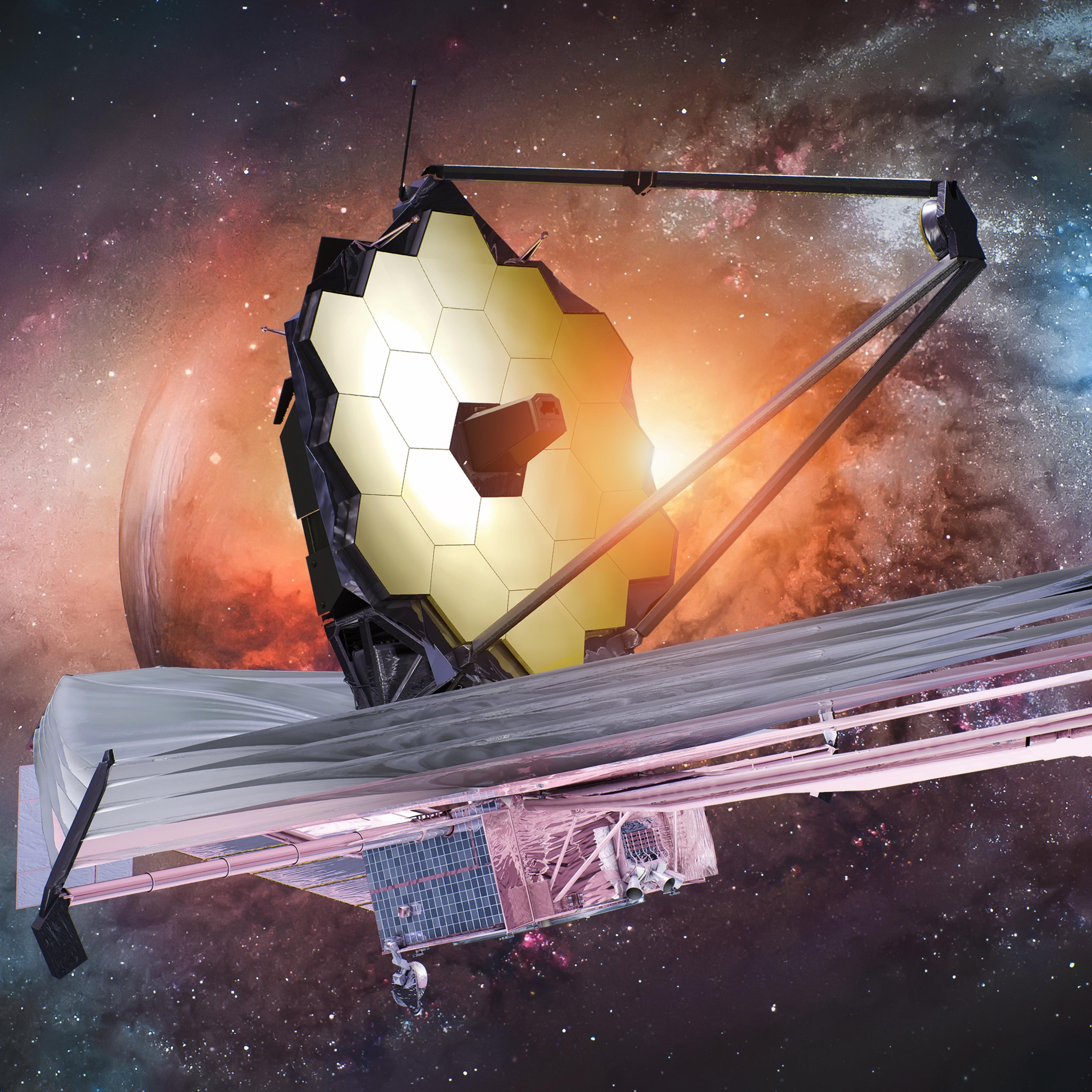 JWST in outer space. James Webb telescope far galaxy explore. Sci-fi space collage. Astronomy science. Elemets of this image furnished by NASA