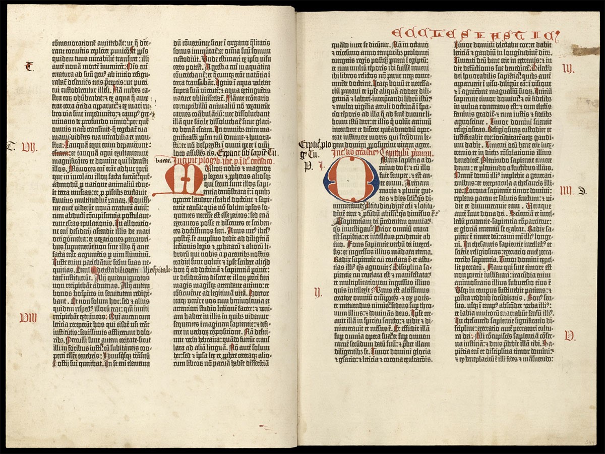Folios 348 verso and 349 recto, showing the end of Wisdom and the beginning of Sirach (Ecclesiasticus)