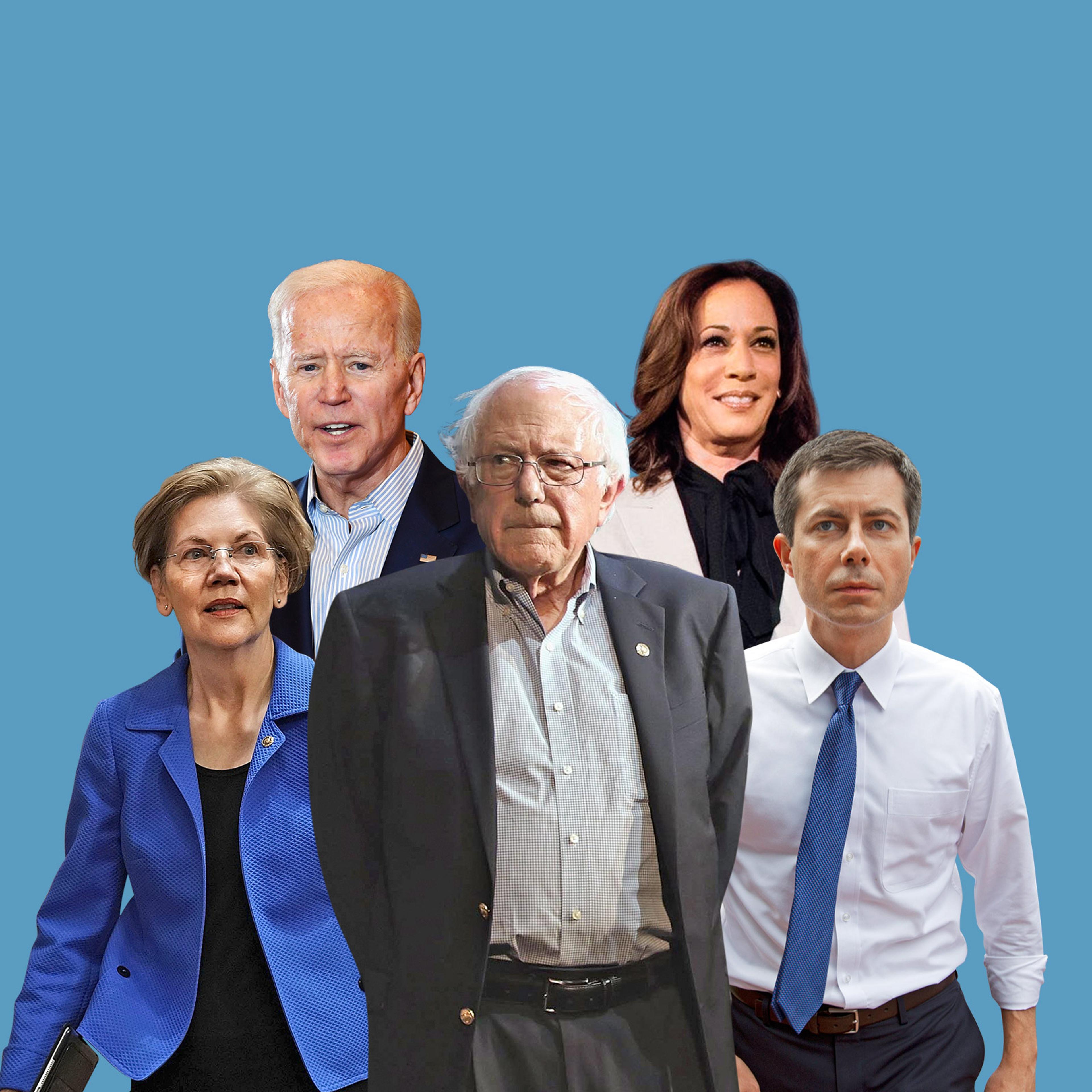Among the crowded Democratic field are, clockwise from left, Elizabeth Warren, Joe Biden, Kamala Harris, Pete Buttigieg and Bernie Sanders.