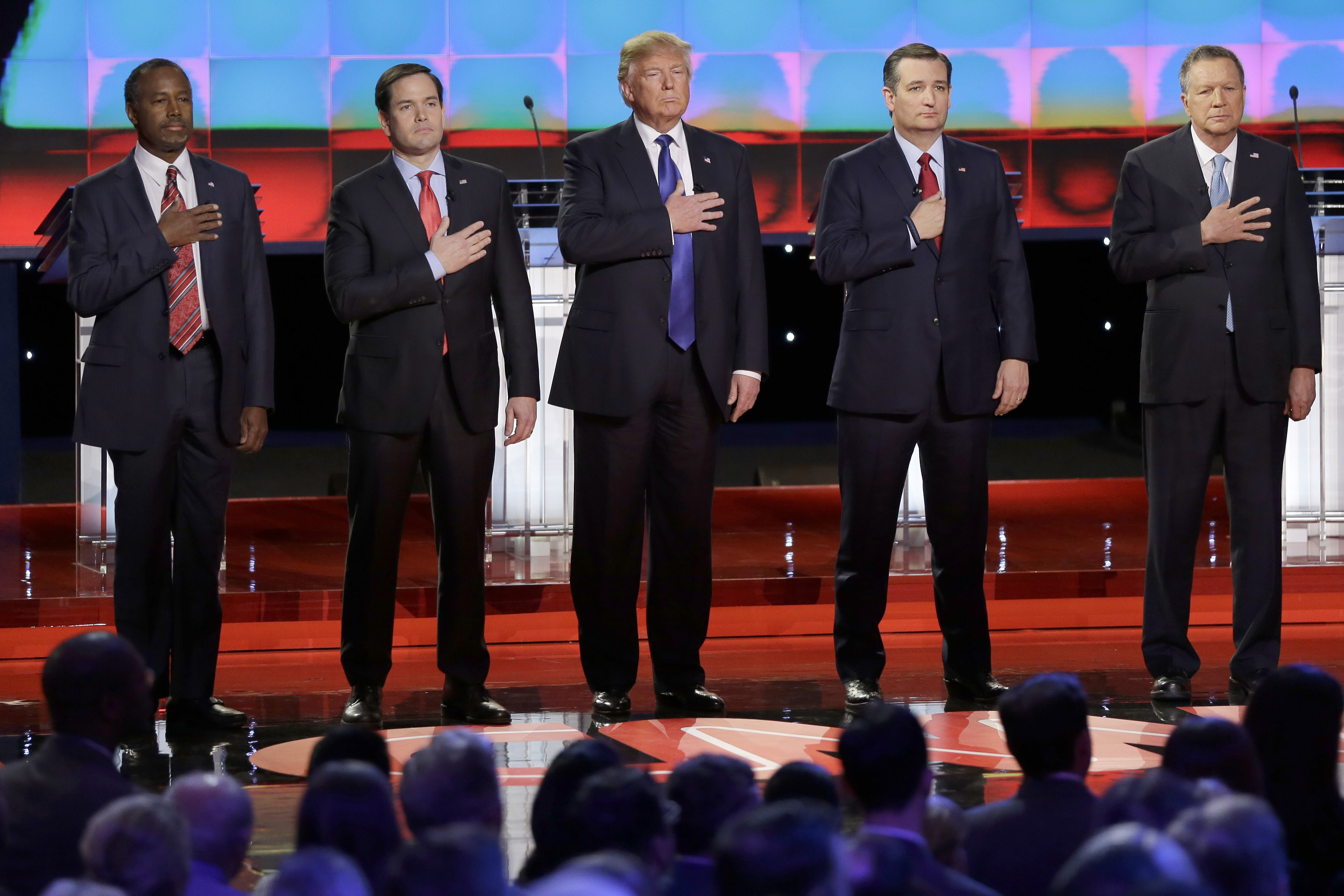 Ben Carson, Marco Rubio, Donald Trump, Ted Cruz, and John Kasich appear