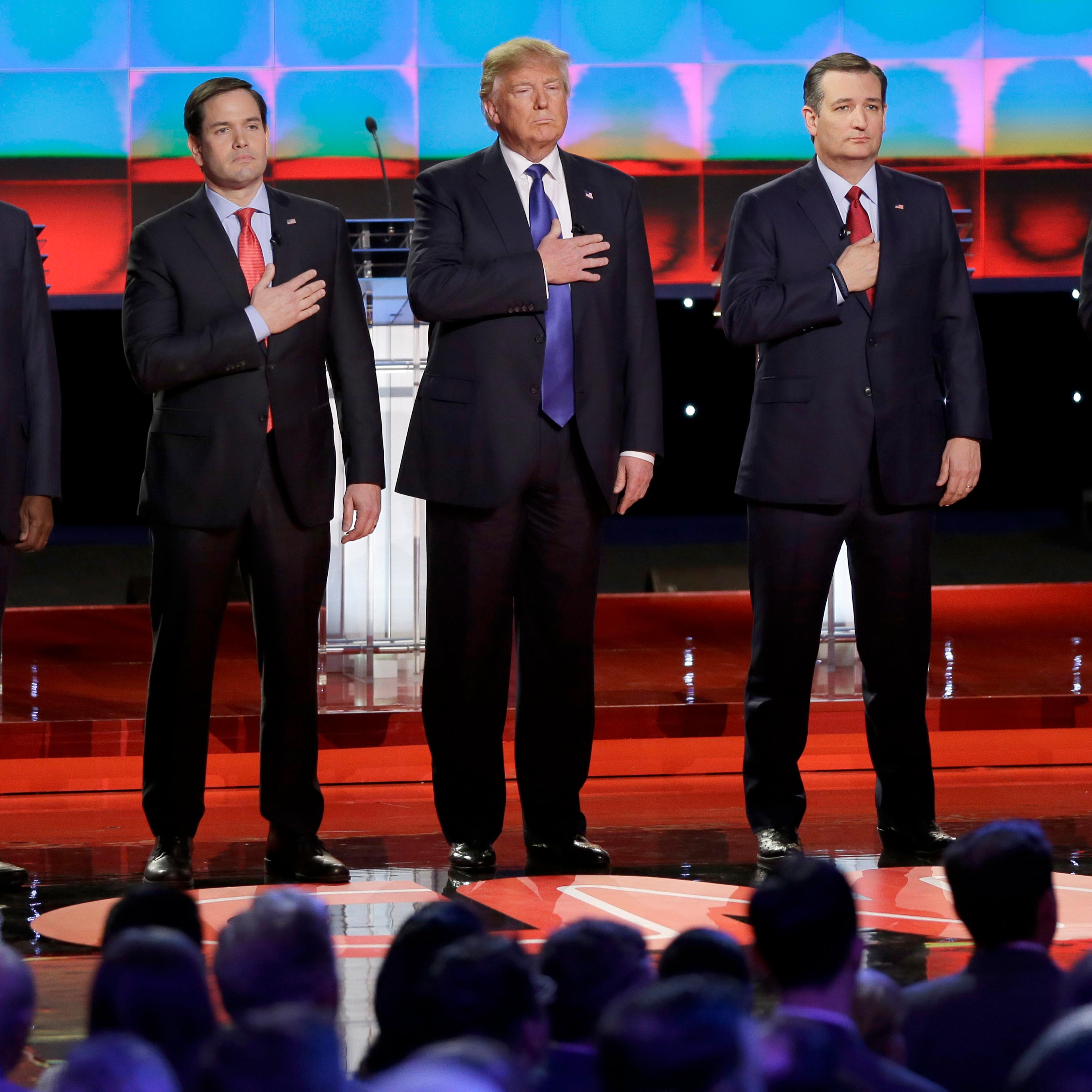 Ben Carson, Marco Rubio, Donald Trump, Ted Cruz, and John Kasich appear