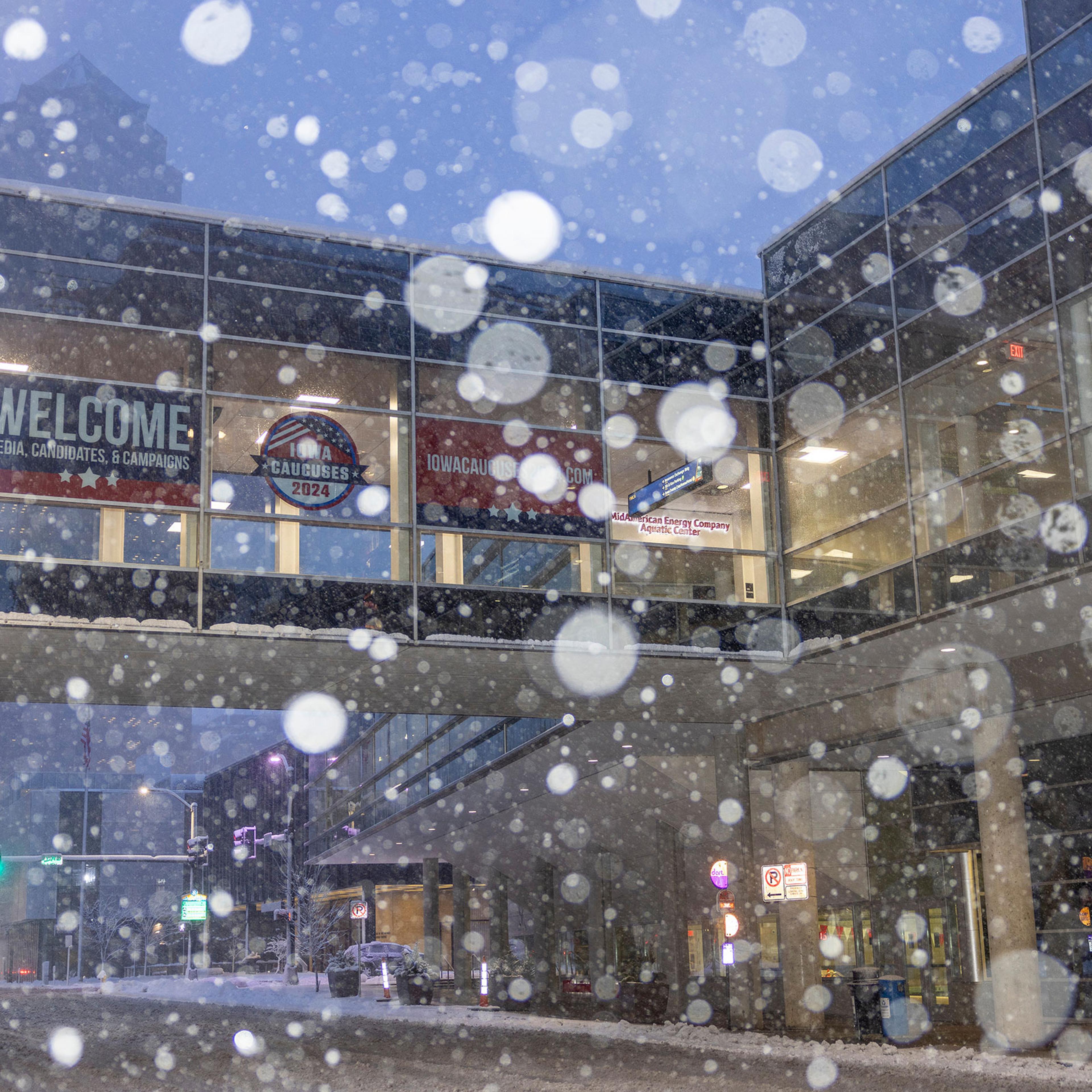 Signage for the Iowa caucus during a storm in Des Moines, Iowa, on Jan. 9, 2024.