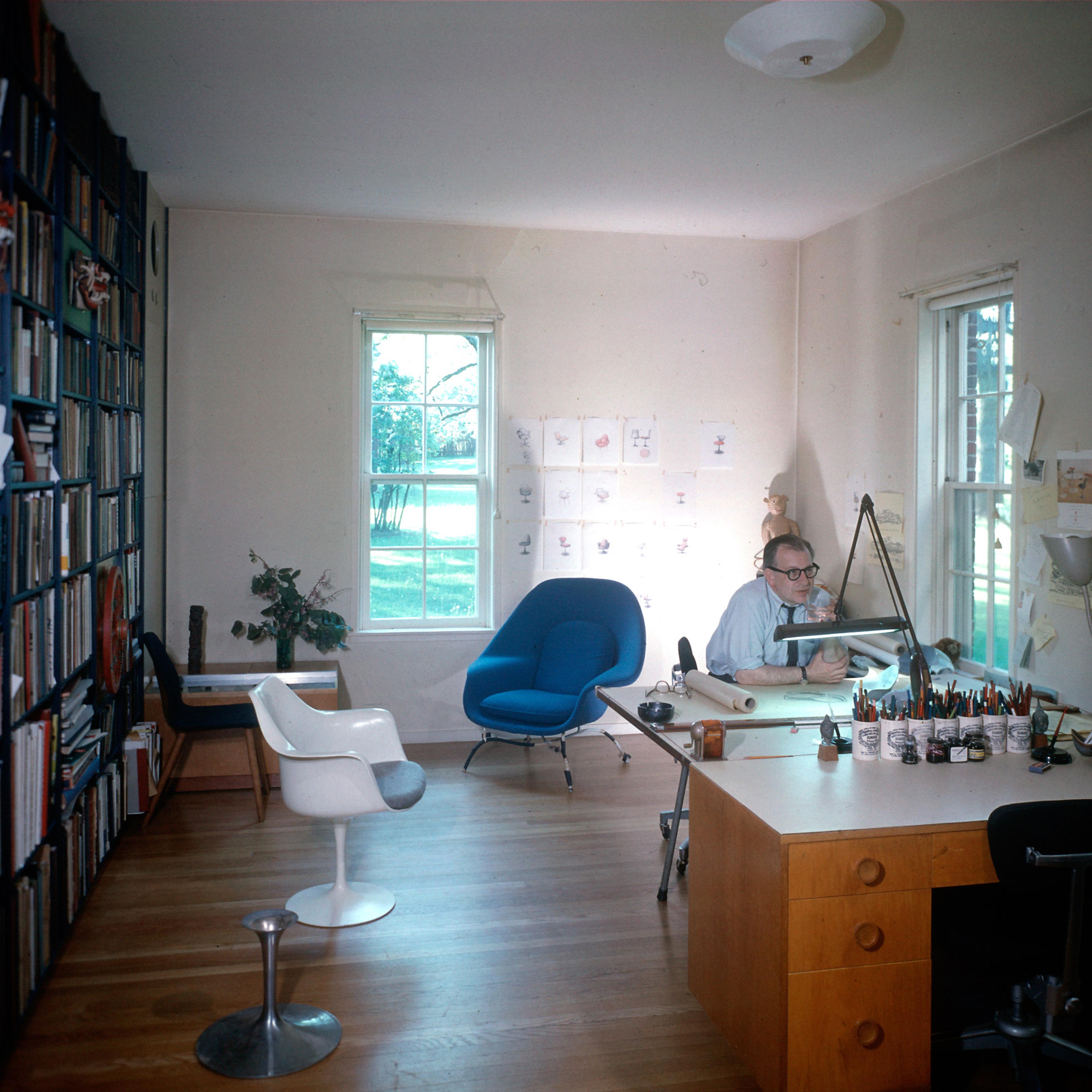 Architect Eero Saarinen at home in his study w. furniture designed by him, 1958.