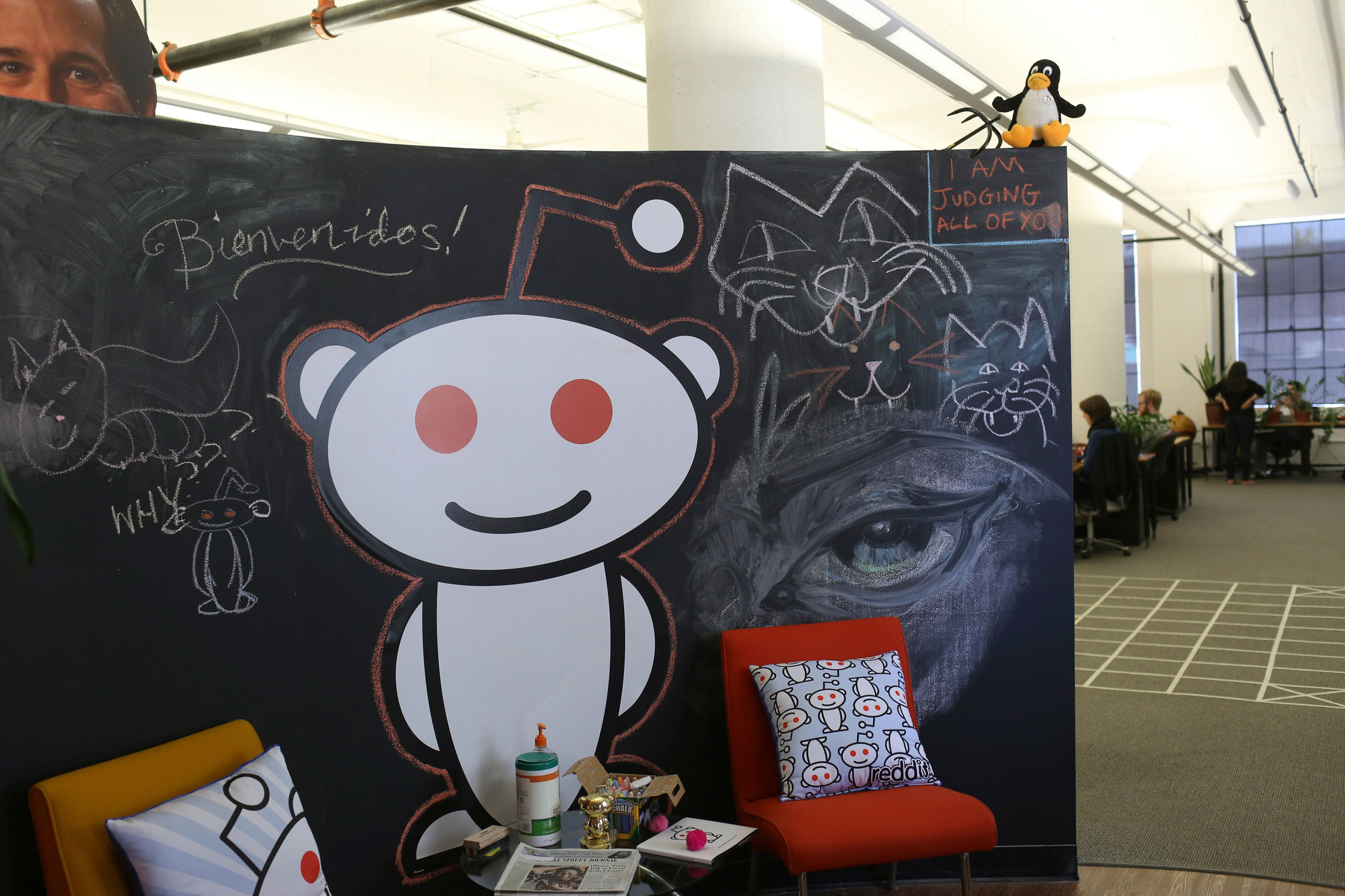 A Reddit mascot is shown at the company's headquarters in San Francisco, California April 15, 2014. Reddit, a website with a retro-'90s look and space-alien mascot that tracks everything from online news to celebrity Q&As, is going after more eyeballs, a