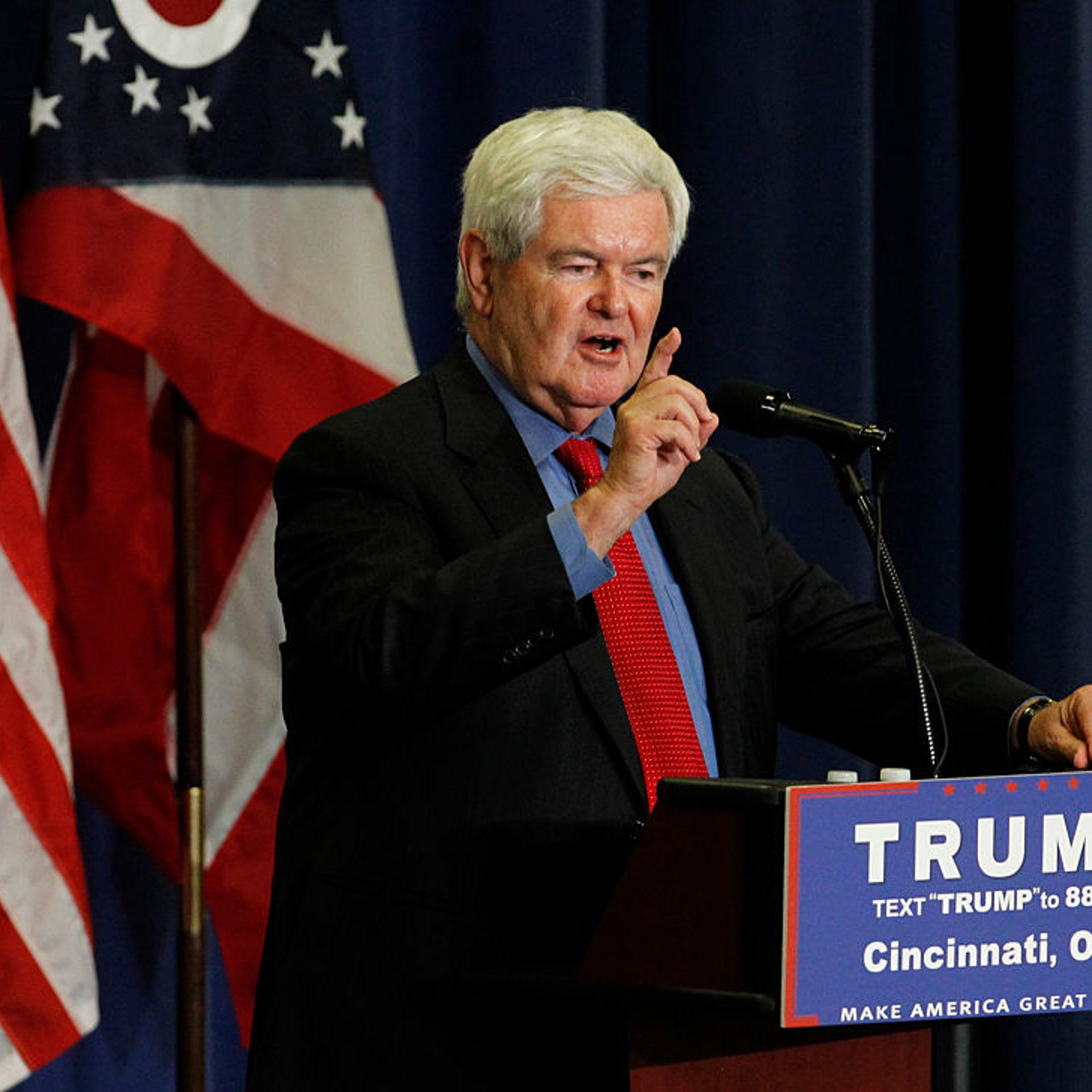 Former Speaker of the House Newt Gingrich (R) introduces Republican Presidential candidate Donald Trump during a rally at the Sharonville Convention Center on July 6, 2016, in Cincinnati, Ohio.