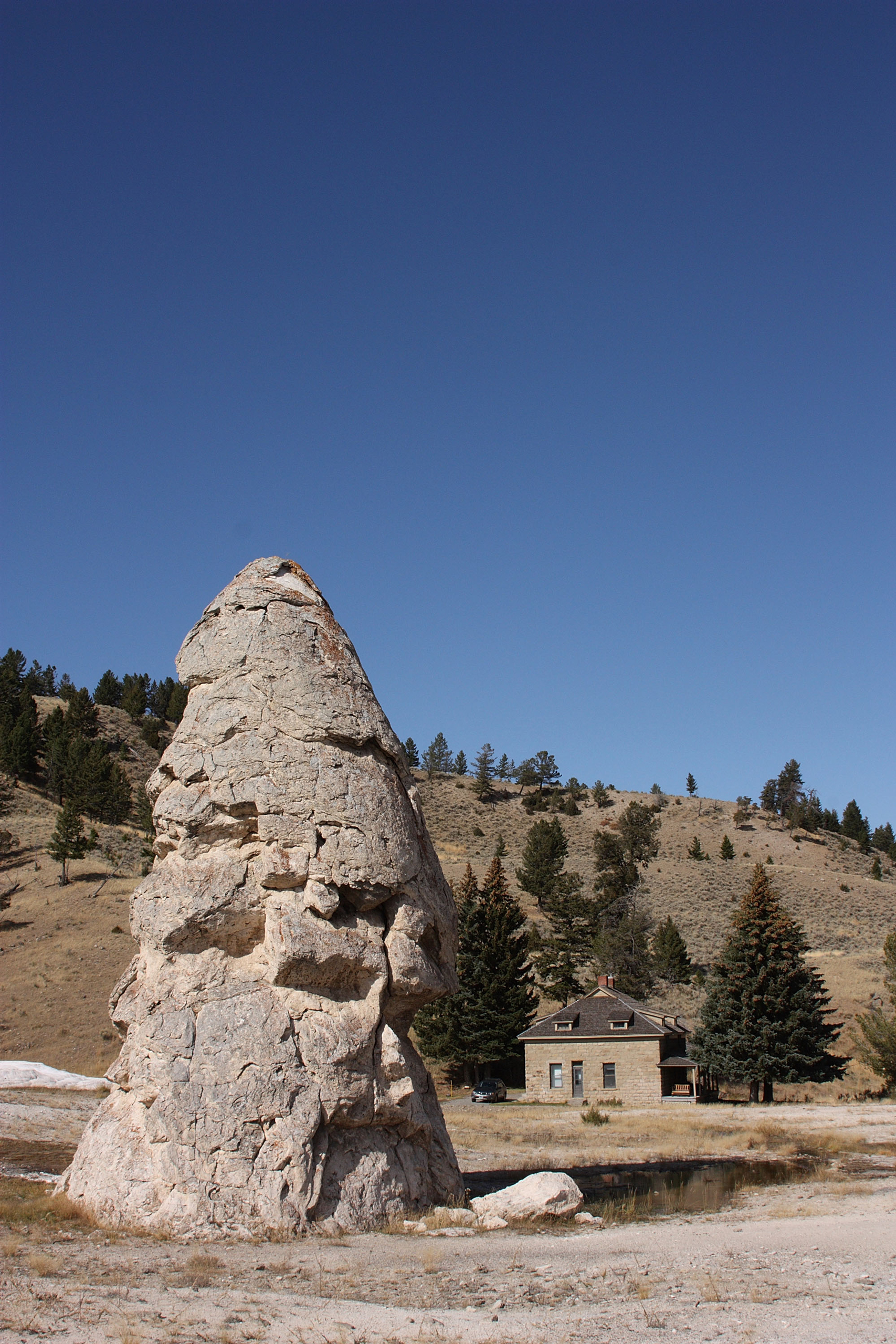 YELLOWSTONE, MT - OCTOBER 8: A rock structure known as Liberty Cap, in the Mammoth Hot Springs area of Yellowstone National Park on October 8, 2008 in Yellowstone, Montana. Yellowstone, located in Wyoming, Montana and Idaho, was the first National Park t