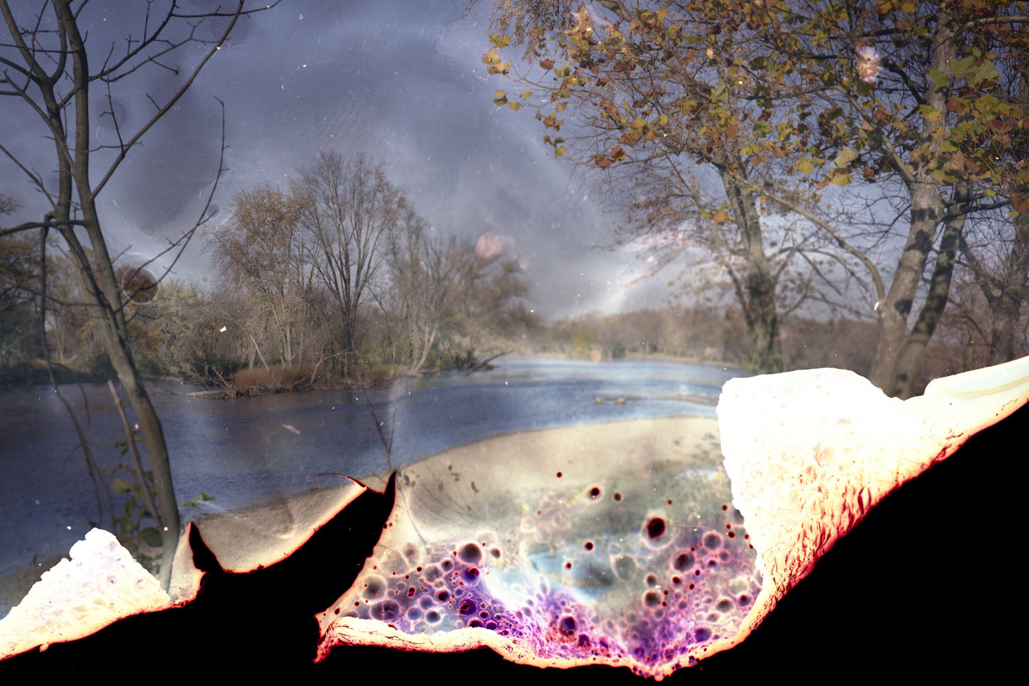 "Untitled #3," 2010; from the series <i>Fox River Derivatives</i>.<br /><br /> For his series on the themes of "water and oil," inspired in part by the BP oil spill in the Gulf of Mexico, the artist coated these negatives of the Fox River near Chicago in gasoline and set them aflame.