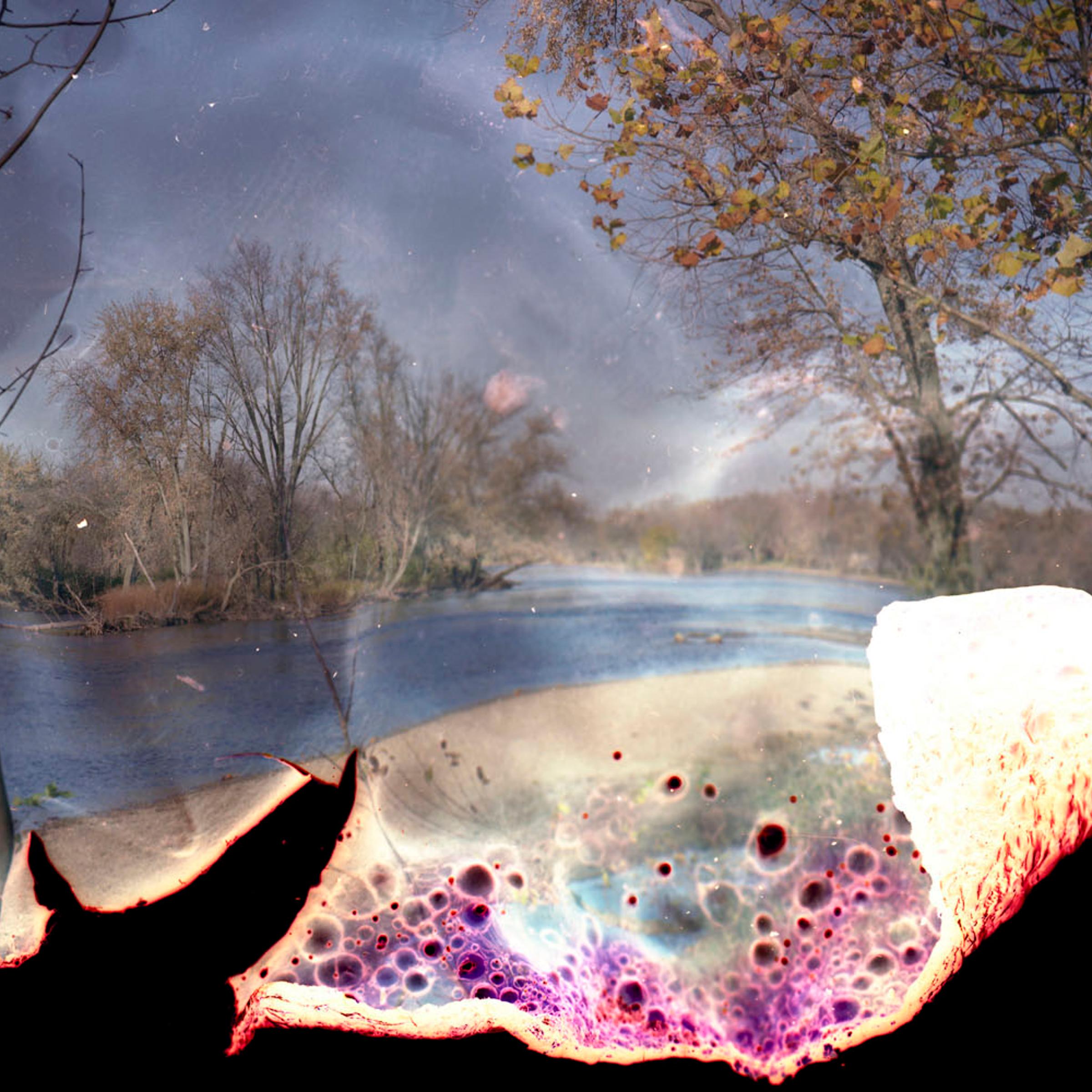 "Untitled #3," 2010; from the series <i>Fox River Derivatives</i>.<br /><br /> For his series on the themes of "water and oil," inspired in part by the BP oil spill in the Gulf of Mexico, the artist coated these negatives of the Fox River near Chicago in gasoline and set them aflame.