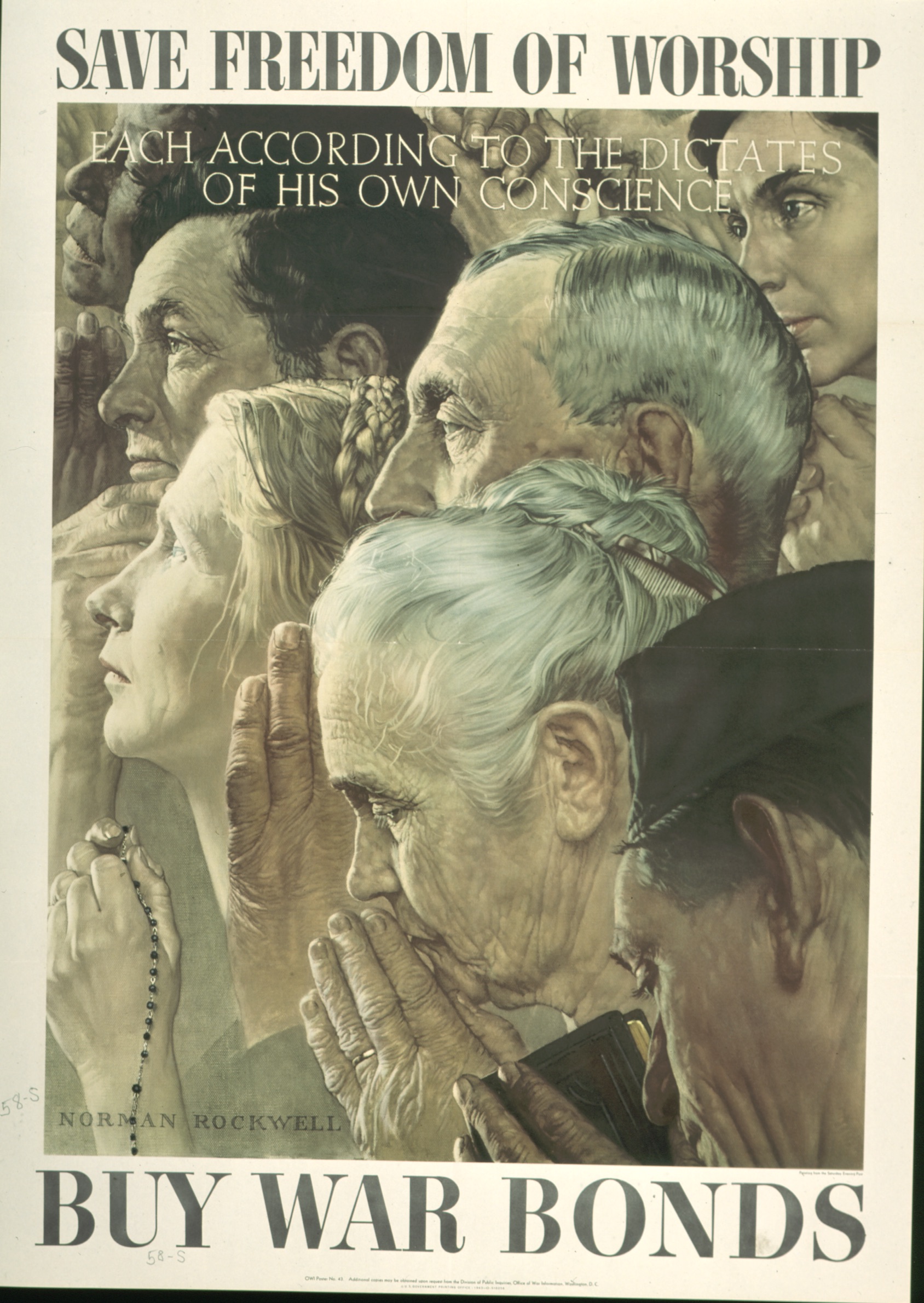 Caption: Norman Rockwell, Freedom of Worship, 1943, offset color lithograph on paper; Texas War Records Collection, 85.170.158
Caption: Norman Rockwell, Freedom of Worship, 1943, offset color lithograph on paper; Texas War Records Collection, 85.170.158