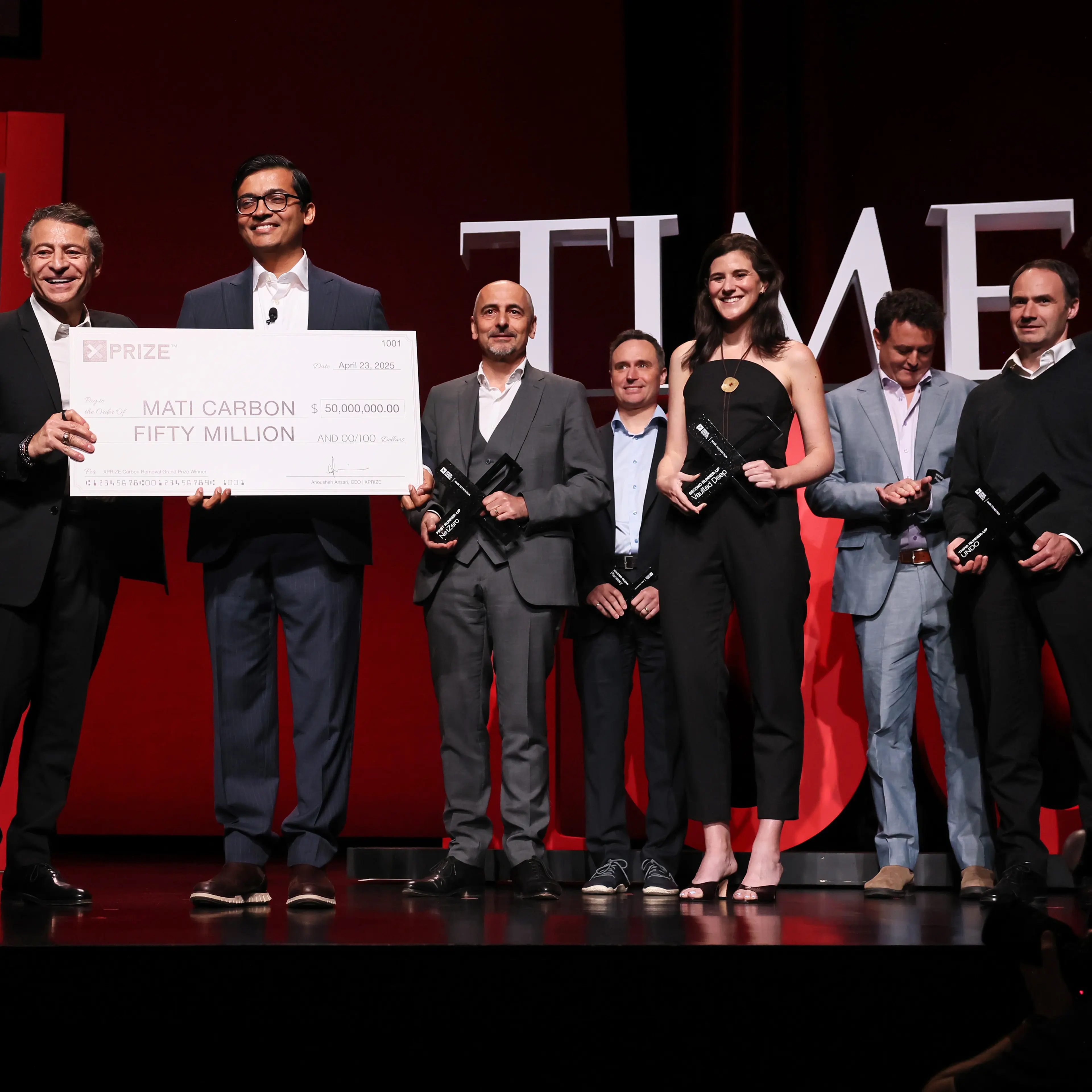 (L-R) Peter Diamandis, Shantanu Agarwal, Axel Reinaud, Mike Kelland, Julia Reichelstein, Matt Atwood, Jim Mann, and James Woolner onstage during the 2025 TIME100 Summit at Jazz at Lincoln Center on April 23, 2025 in New York City.