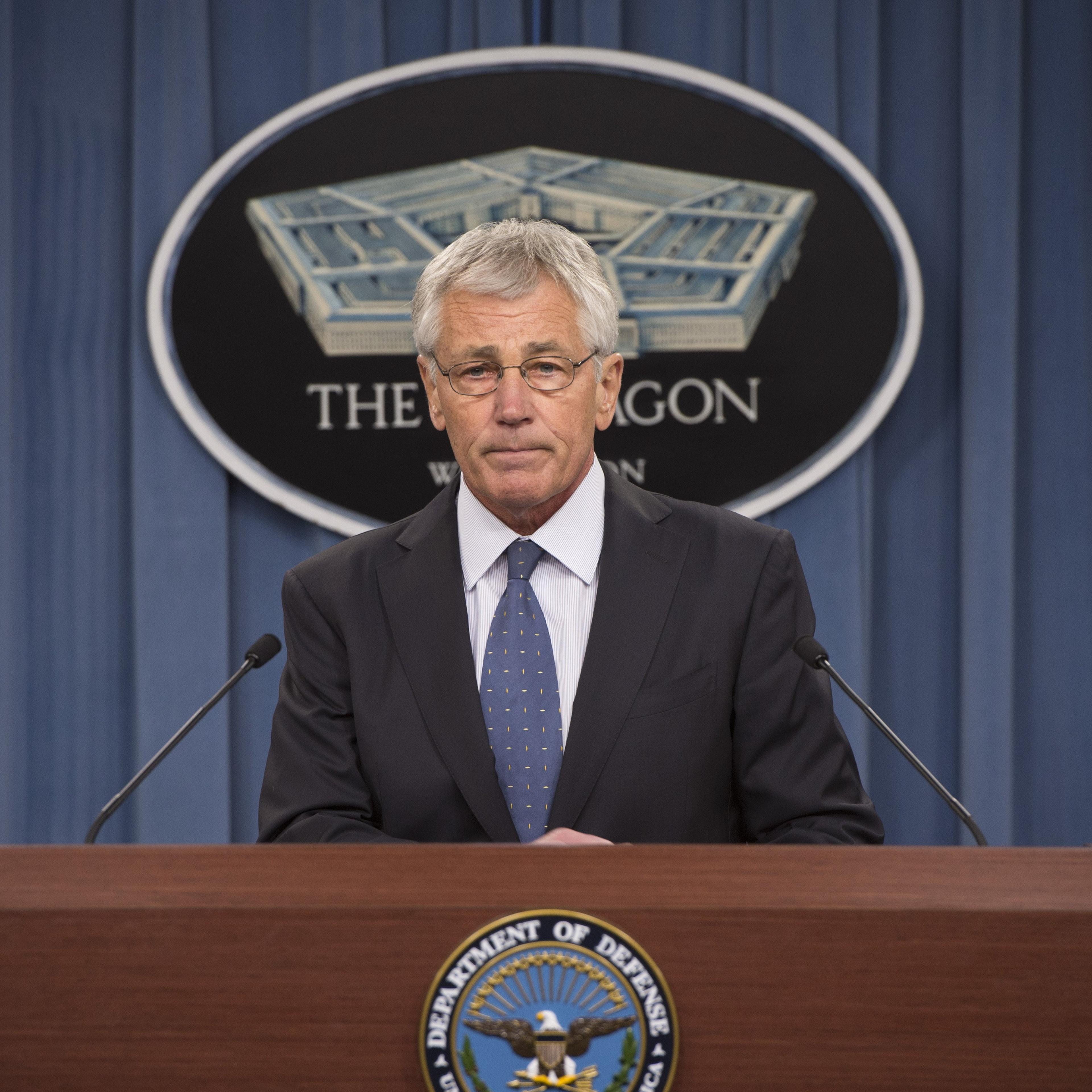 U.S. Defense Secretary Chuck Hagel meets with Pentagon media to outline a five year Pentagon budget what will shrink the Army forces and the rest of the DOD, on Feb. 24, 2014.
