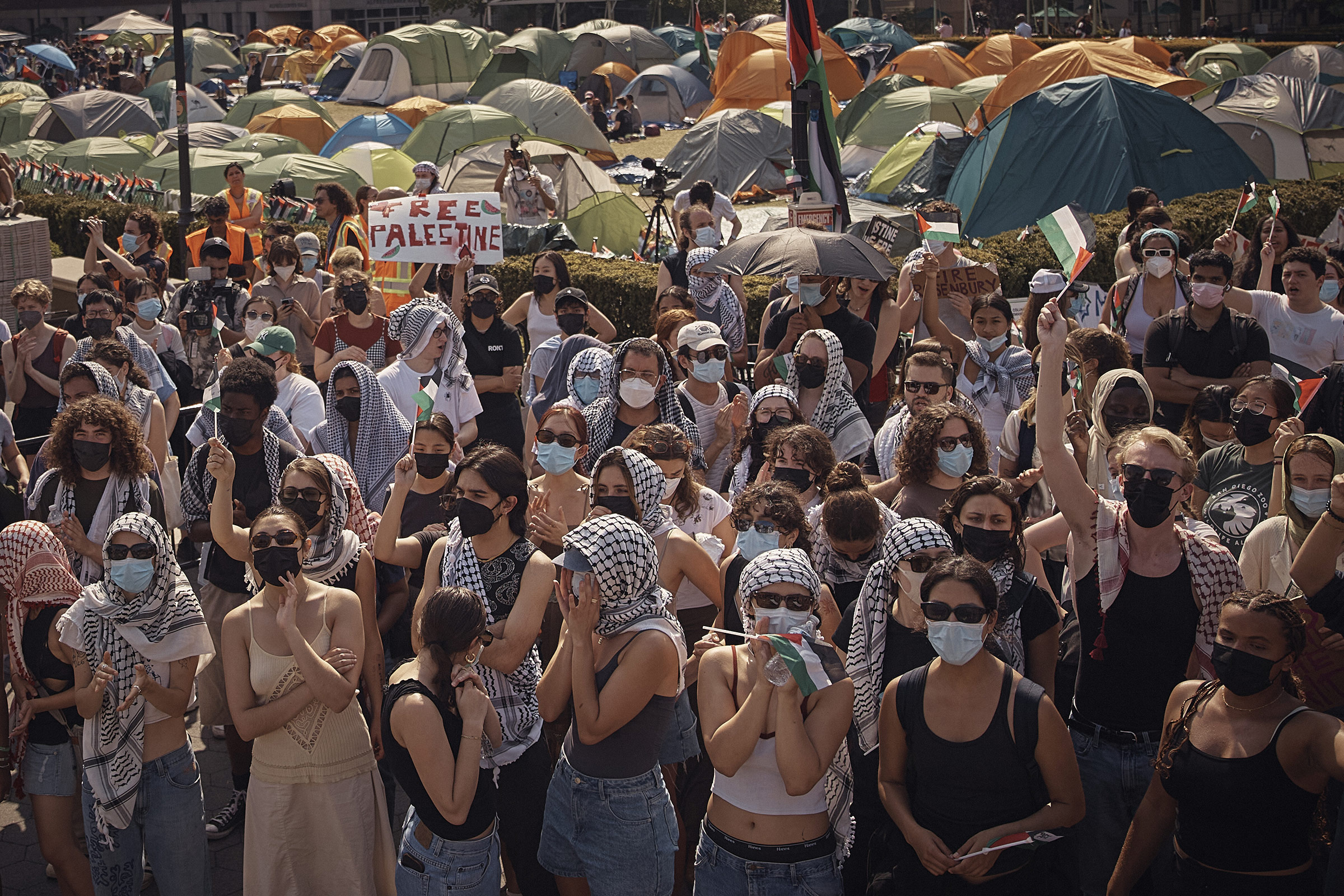Protestors gather calling for divestment Israel, during a pro-Palestinian encampment on Columbia University's campus in New York City, on April 29, 2024.